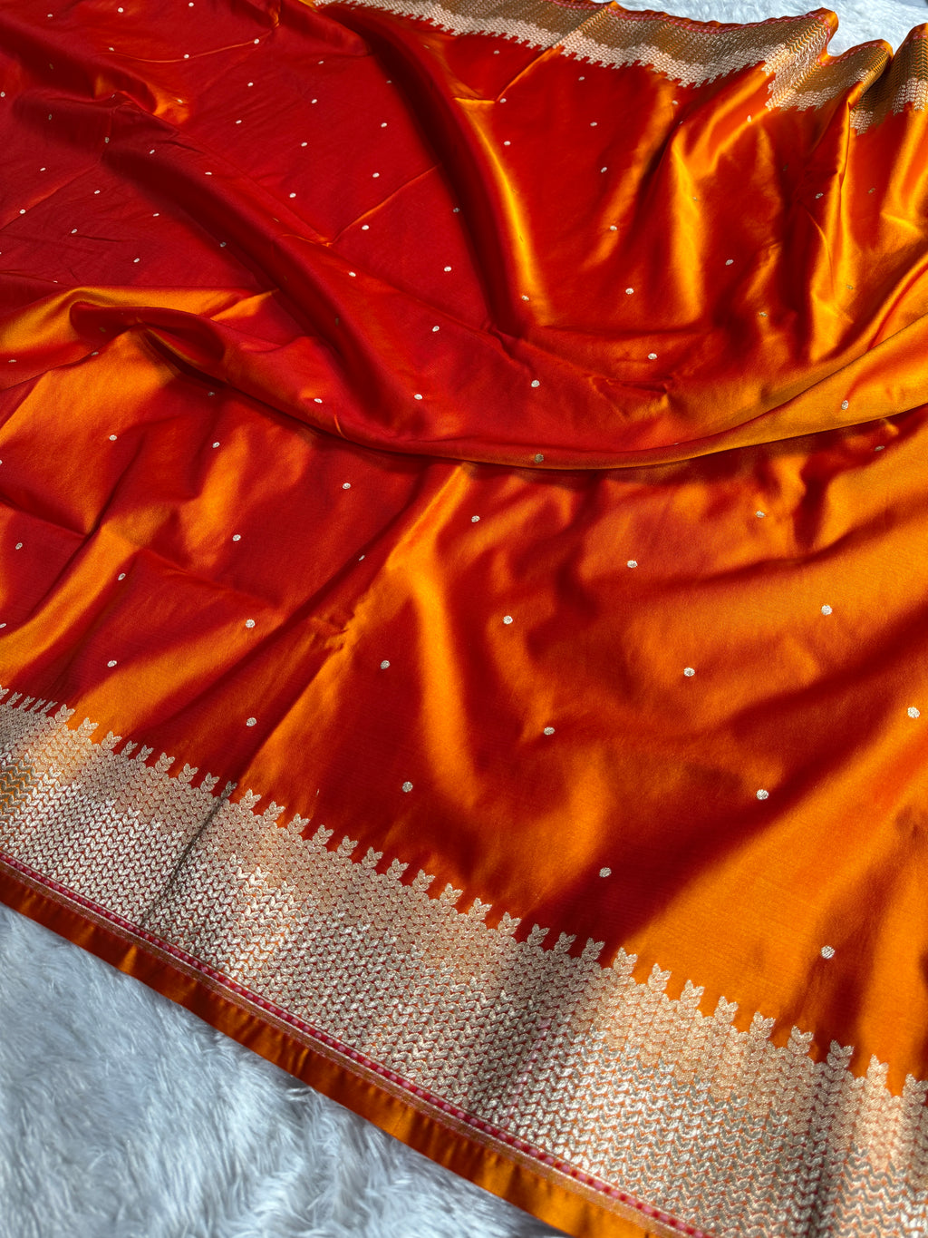 Orange Banarasi Mashru Kataan Silk Saree with Jacquard Woven Matar Buti Design & Rupa-Sona Zari MKS101