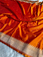 Orange Banarasi Mashru Kataan Silk Saree with Jacquard Woven Matar Buti Design & Rupa-Sona Zari MKS101