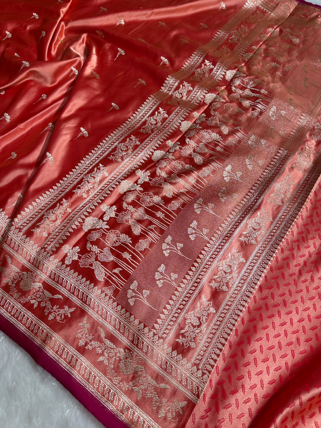 Peach Banarasi Mashru Silk Saree with Jacquard Woven Flower Buta & Rupa Sona Zari Highlights MKS086