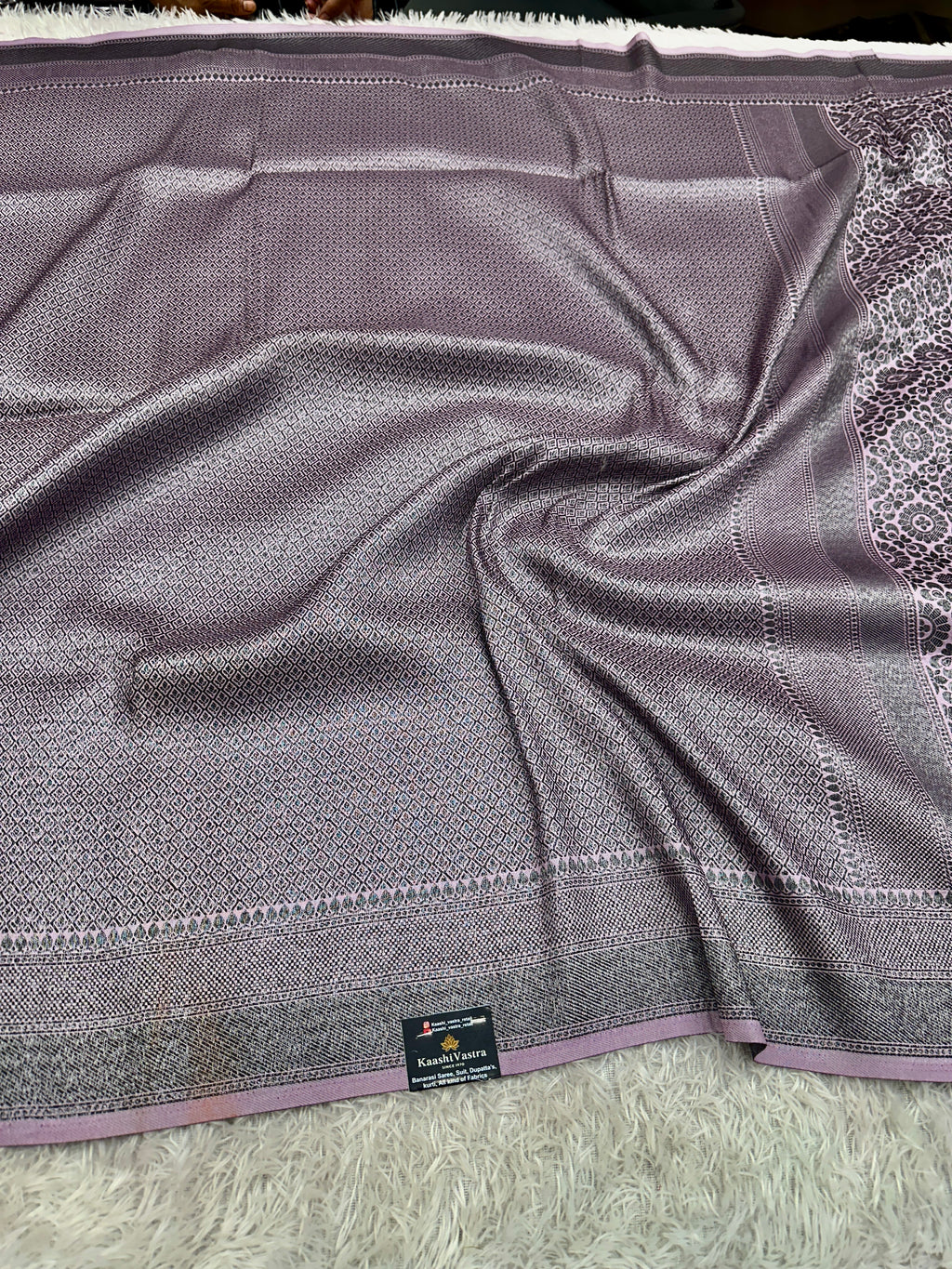 STF55 – Elegant Lavender Dupion Saree with Embossed Square Woven Designs