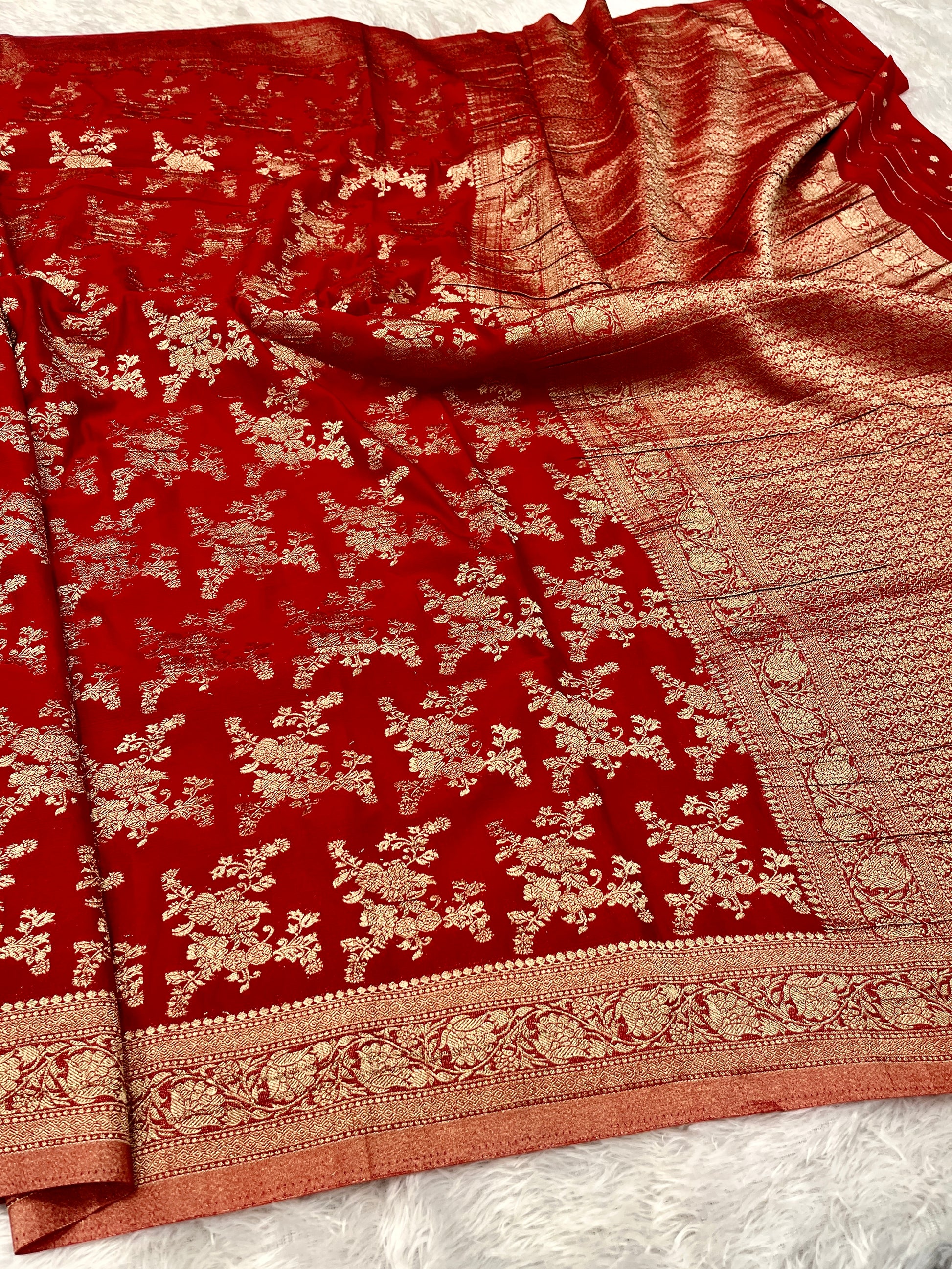 Chinon Silk Flower Design Red  Color Saree CN04