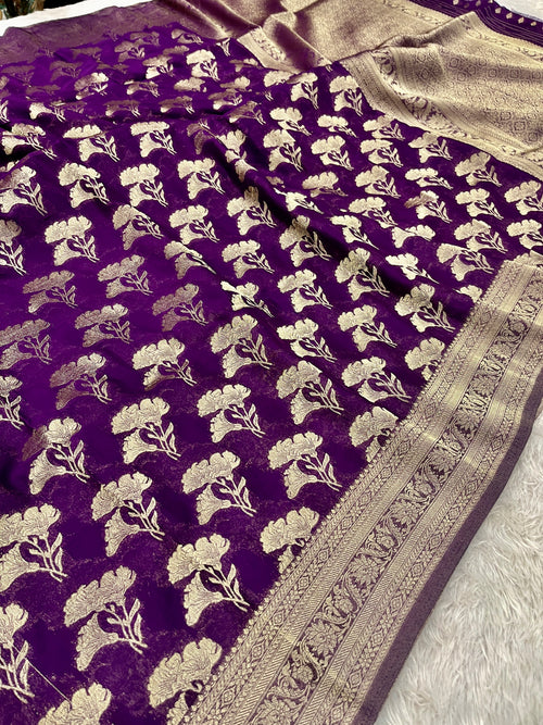 Chinon Silk Dual Flower Design Purple Color Saree CN05