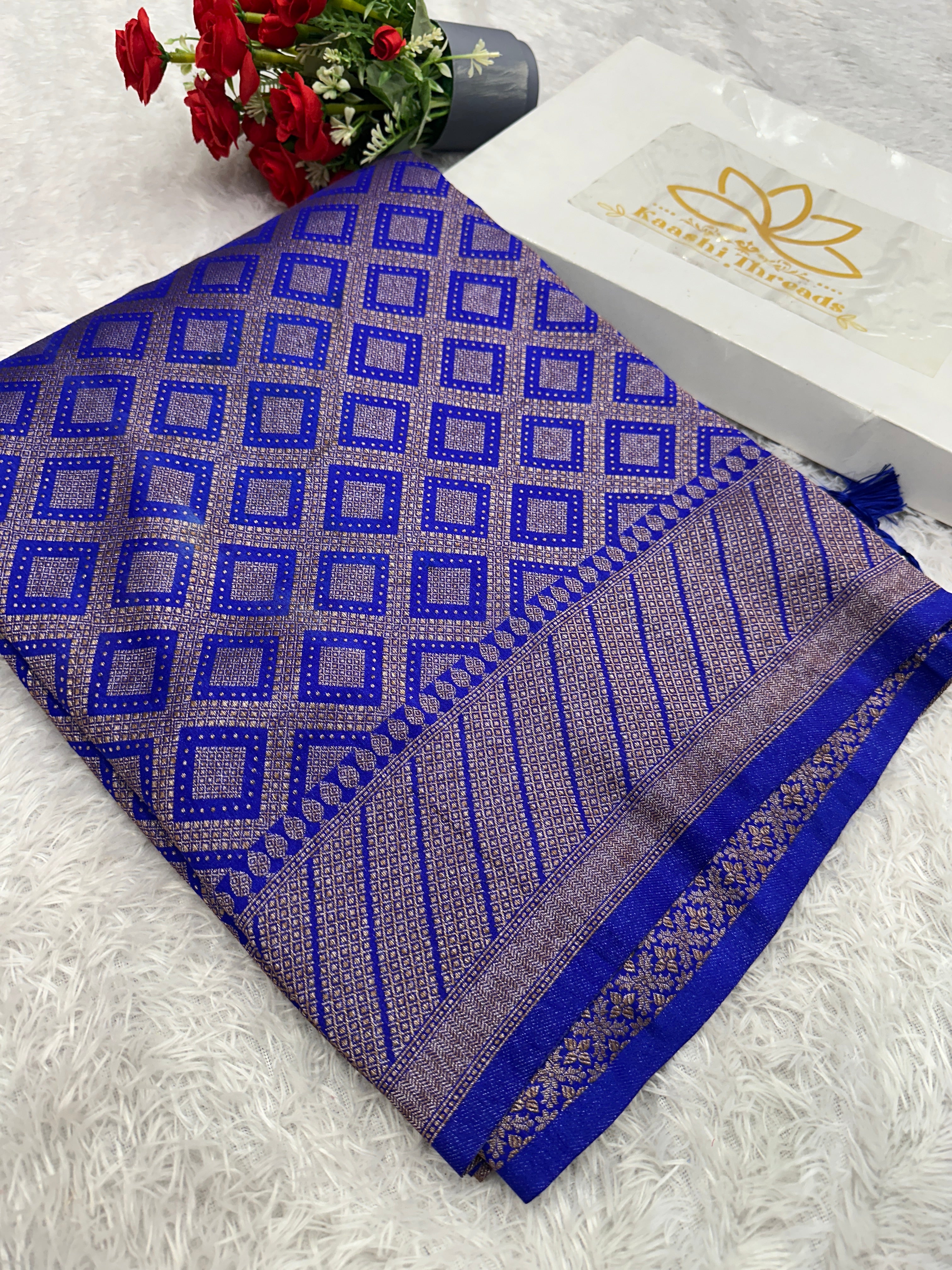 Royal Blue Banarasi Dupion Silk Saree with Embossed Antique Zari Weaving & Rich Antique Zari Pallu | STF115