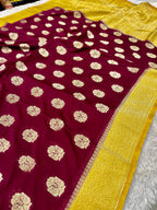 Chinon Silk Royal Buta Design Wine with Yellow  Saree CN08
