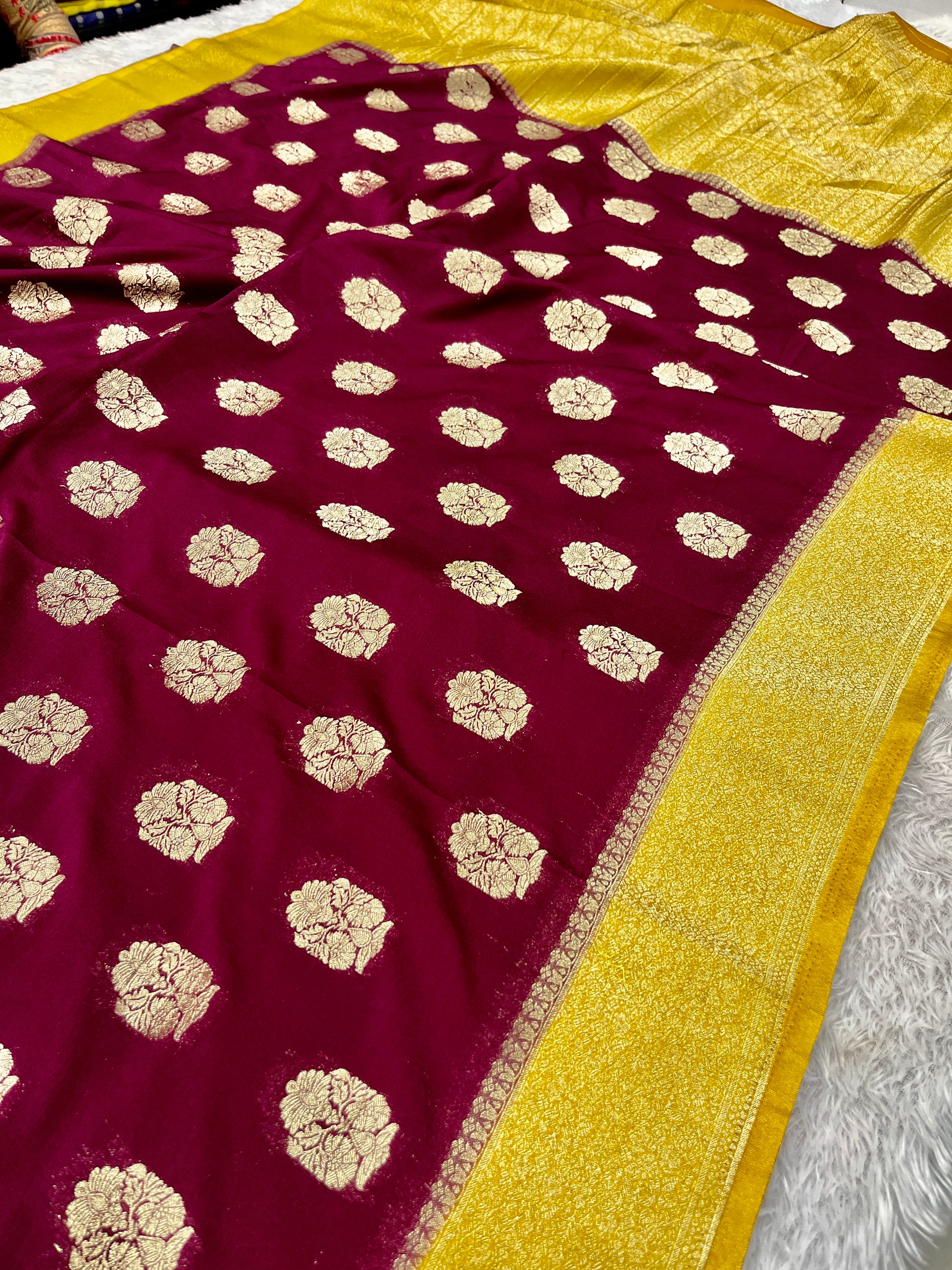 Chinon Silk Royal Buta Design Wine with Yellow  Saree CN08