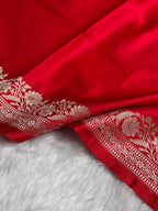 Banarasi Mashru Kataan Silk Saree Featuring Flower Buta Design with Ikkat Border and Zari Pallu – MKS409