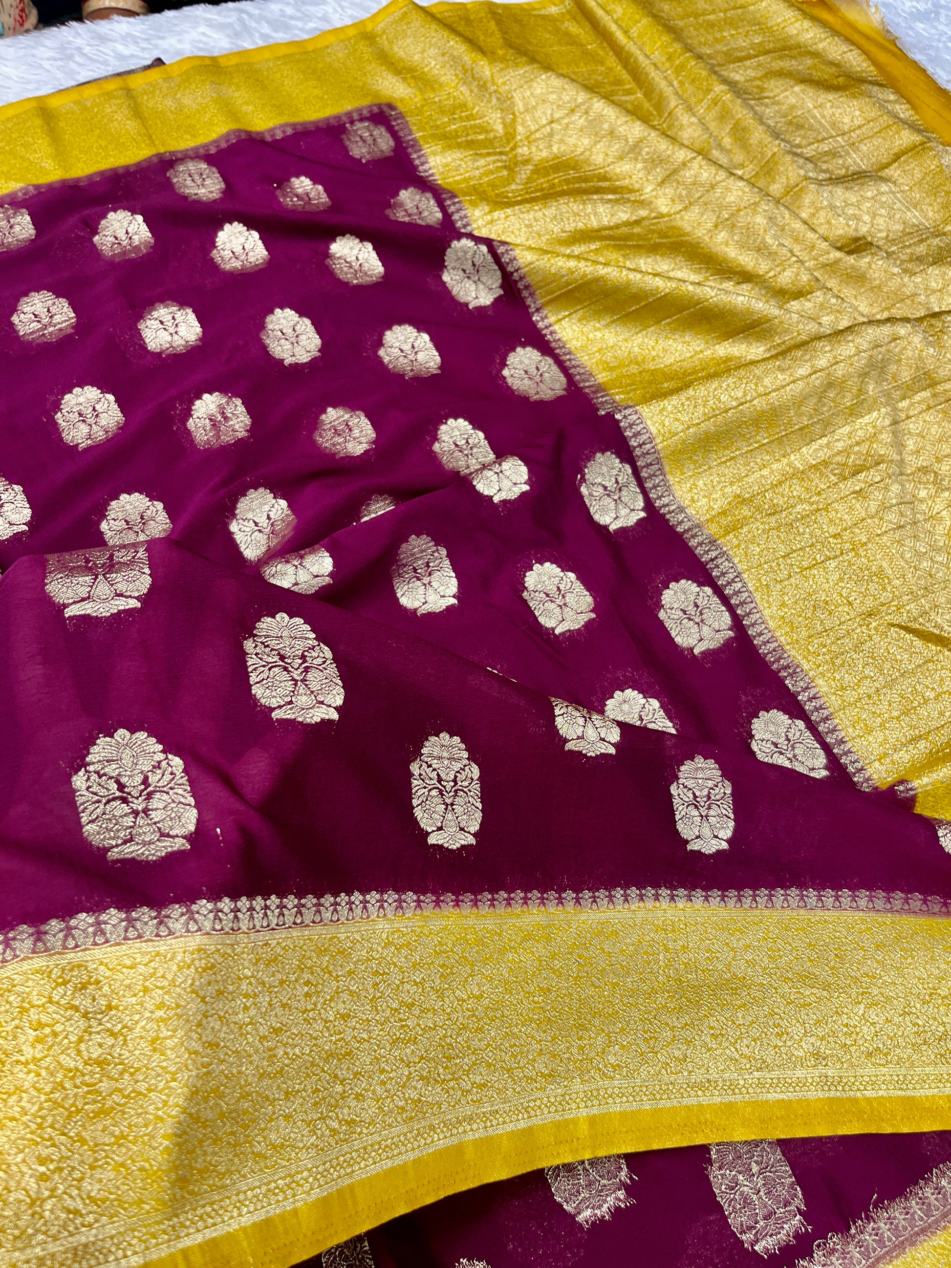 Chinon Silk Royal Buta Design Wine with Yellow  Saree CN08