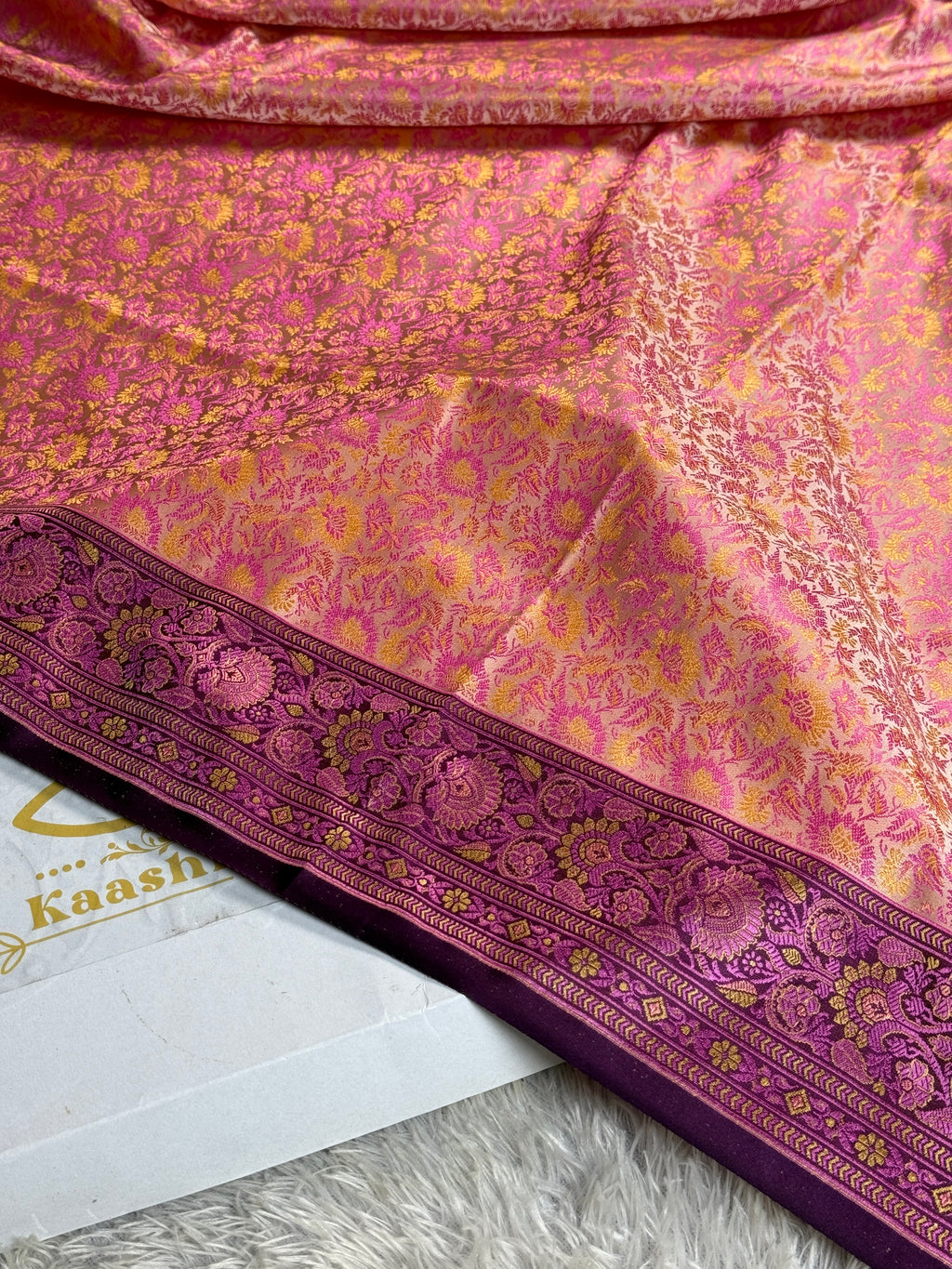 Beige with Dark Pink Banarasi Mashru Silk Saree with Jamawar Woven Design JMW11