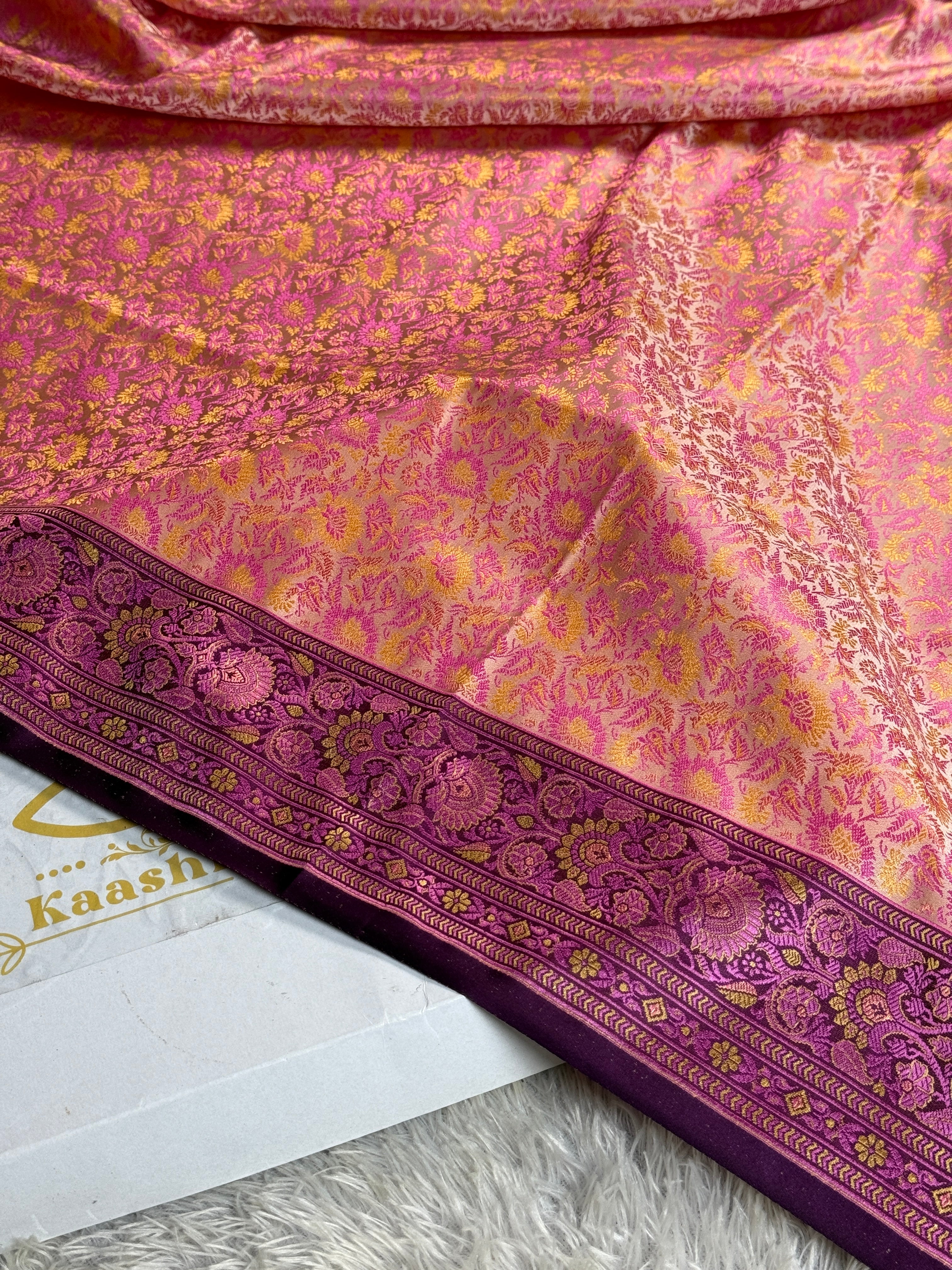 Beige with Dark Pink Banarasi Mashru Silk Saree with Jamawar Woven Design JMW11