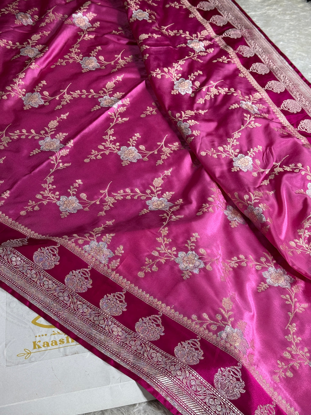 Strawberry Pink Banarasi Satin Mashru Silk Saree with Rani Pink Contrast & Zari Meenakari Work MKS367