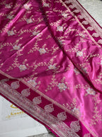 Strawberry Pink Banarasi Satin Mashru Silk Saree with Rani Pink Contrast & Zari Meenakari Work MKS367
