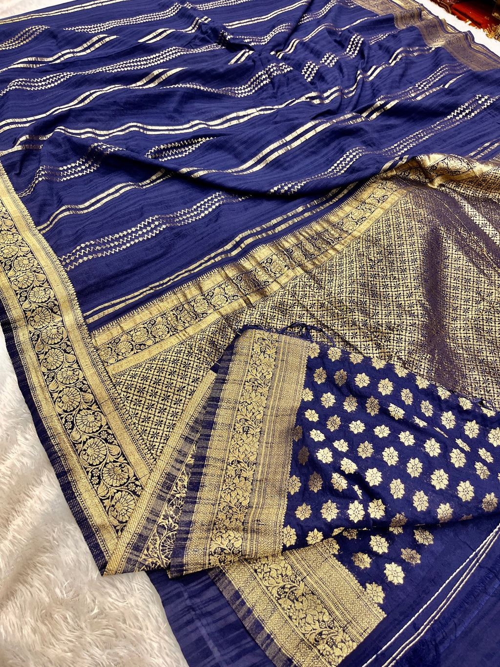 Raw Silk Zari Lining Navy Blue color  Saree RS003