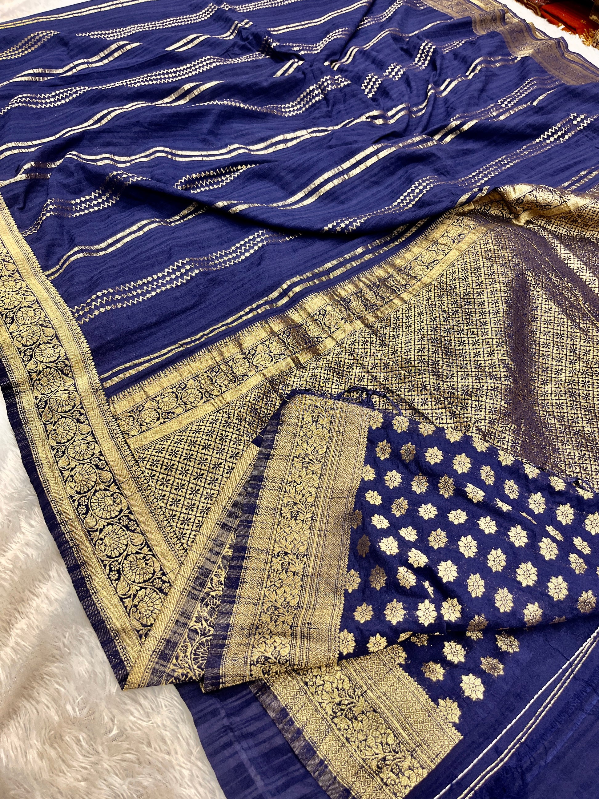 Raw Silk Zari Lining Navy Blue color  Saree RS003