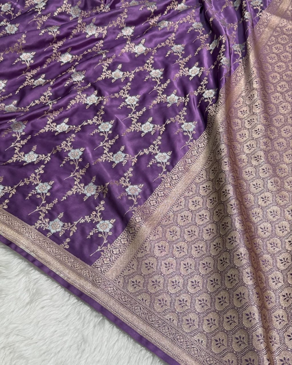 Banarasi Mashru Kataan Silk Saree Featuring Jaal Weave with Silver Zari Meena Work & Rich Pallu – MKS414