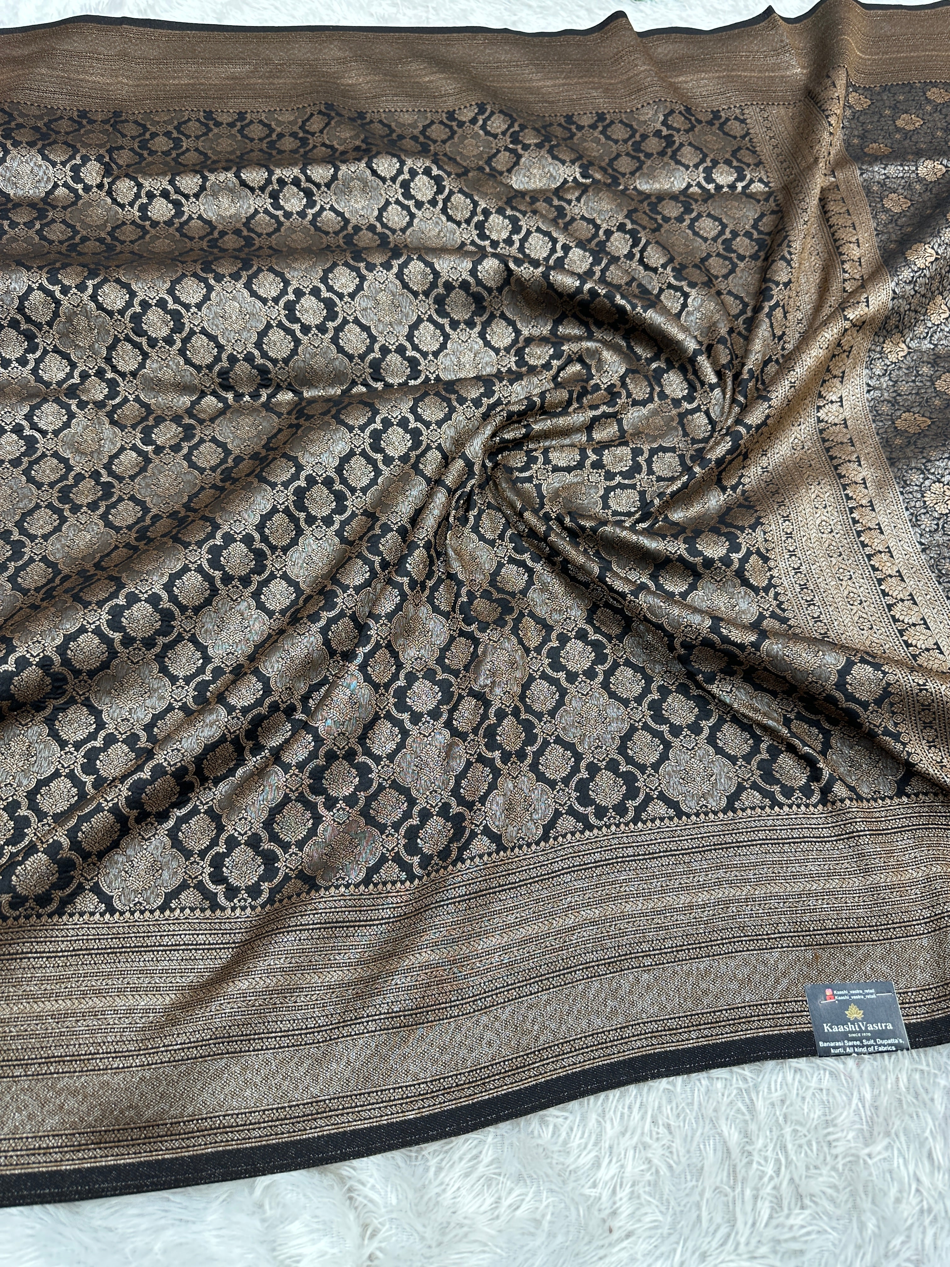 Black Banarasi Dupion Silk Saree with Embossed Antique Zari Weaving & Rich Antique Zari Pallu | STF100