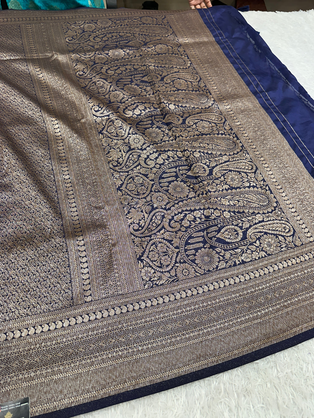 Navy blue Banarasi Dupion Silk Saree with Embossed Antique Zari Weaving & Rich Antique Zari Pallu | STF93