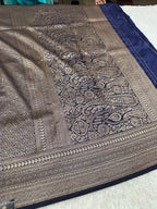 Navy blue Banarasi Dupion Silk Saree with Embossed Antique Zari Weaving & Rich Antique Zari Pallu | STF93