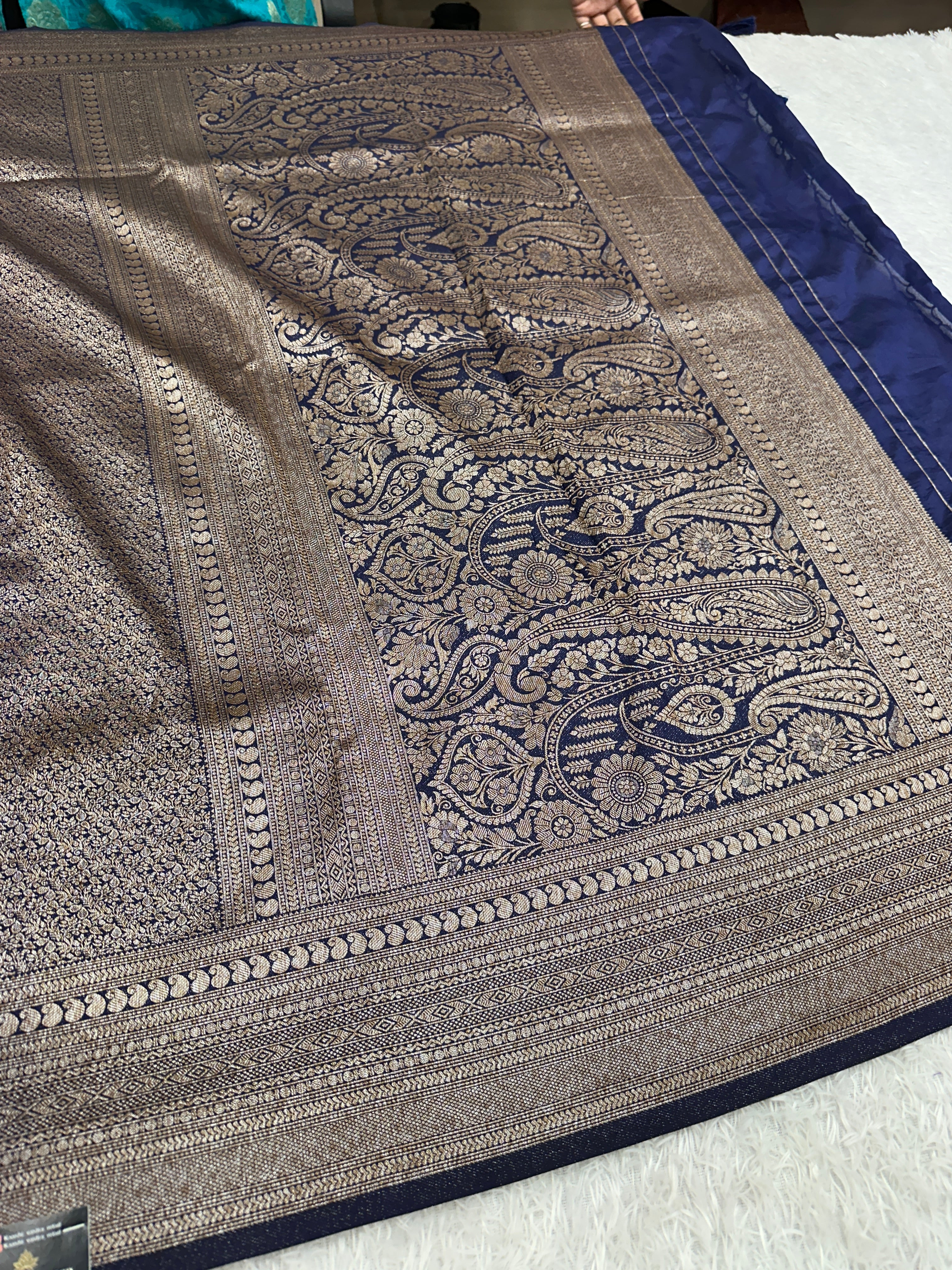 Navy blue Banarasi Dupion Silk Saree with Embossed Antique Zari Weaving & Rich Antique Zari Pallu | STF93