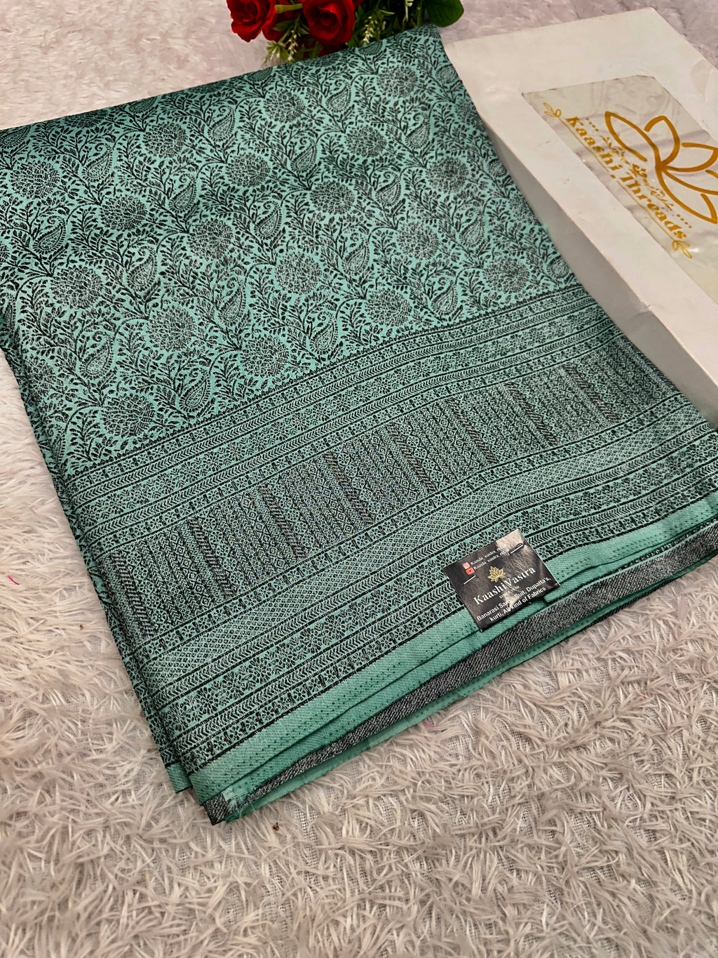 STF51 – Charming Sea Green Dupion Saree with All-Over Floral Woven Designs