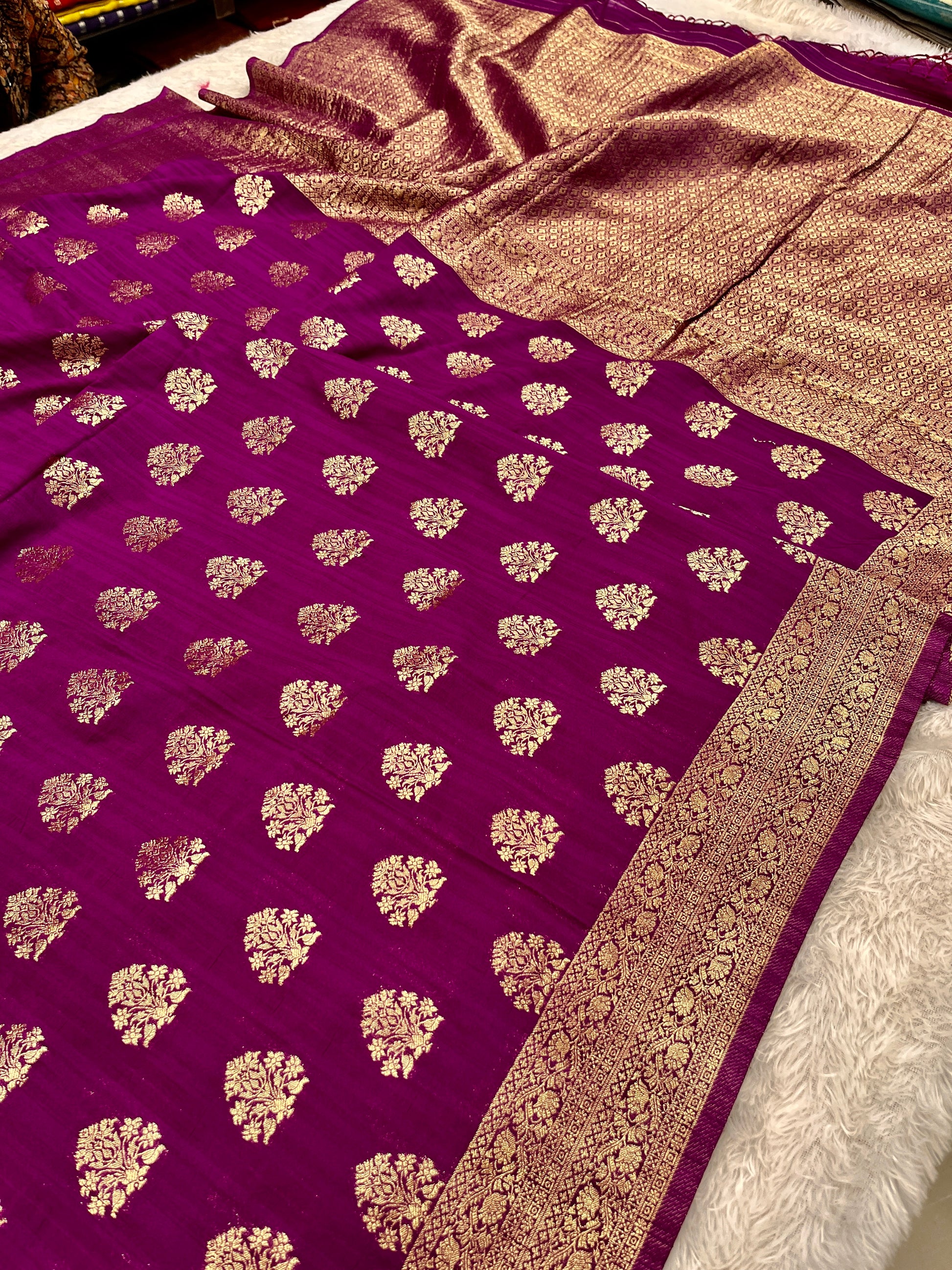 Raw Silk Zari Buta Magenta color Saree RS002