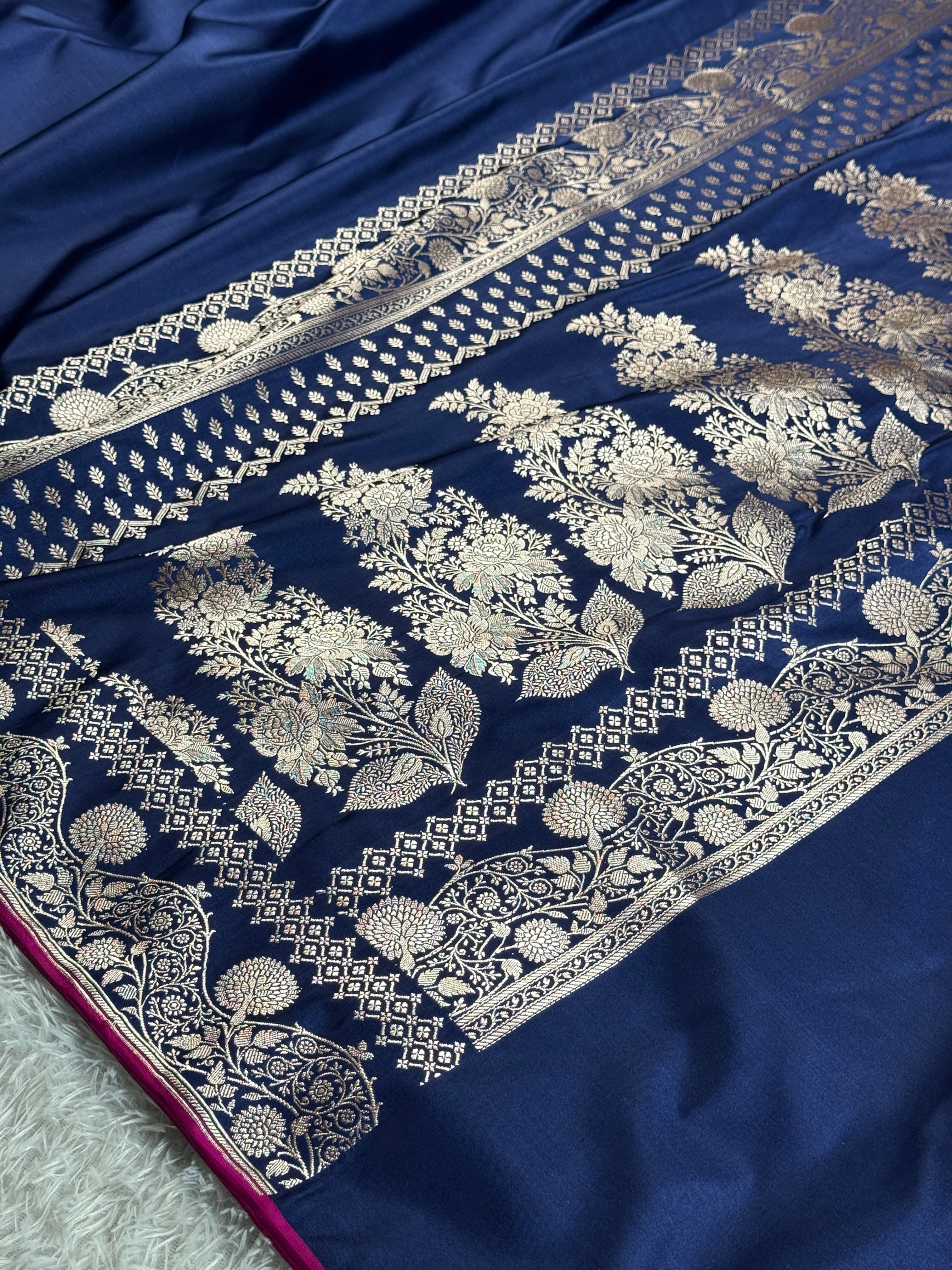 Blue Mashru Kataan Silk Saree with Zari Border & Rich Pallu – Banarasi Woven | MKS503