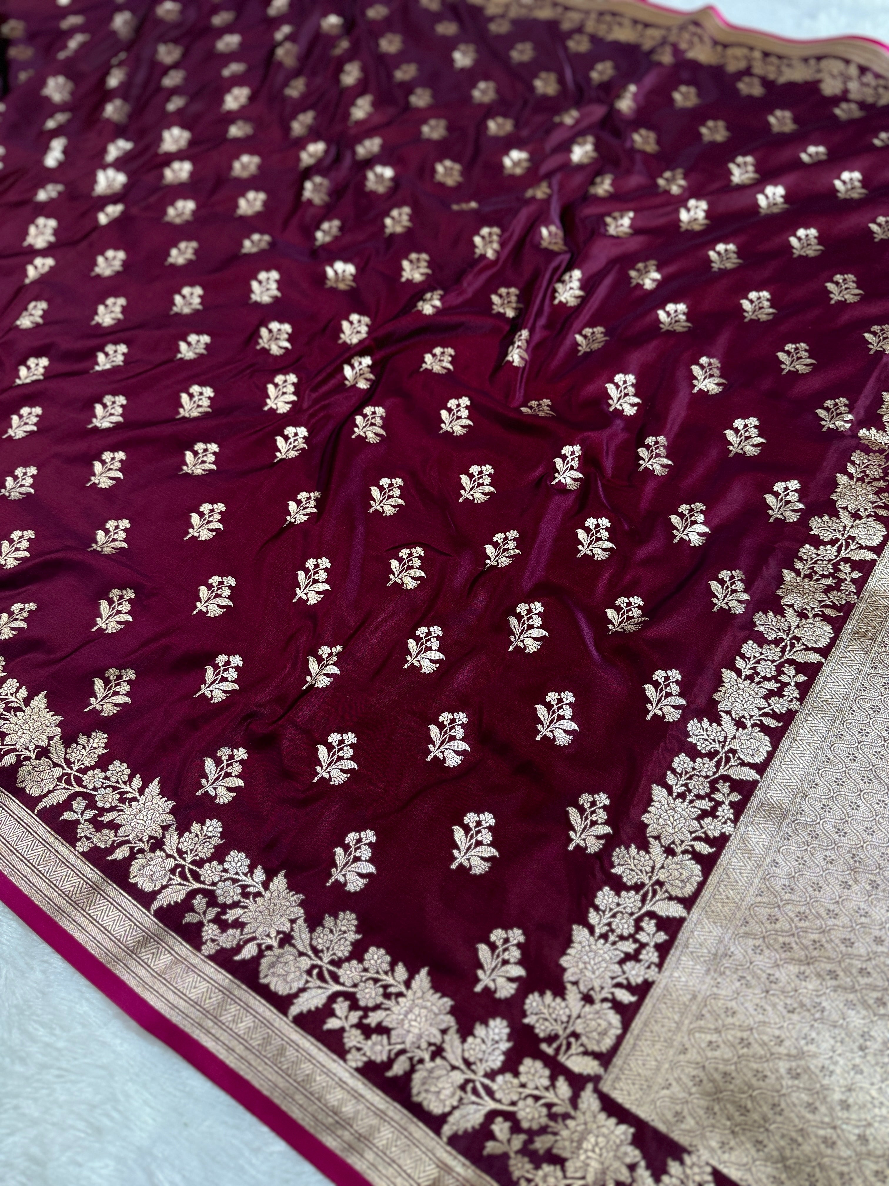 Wine Banarasi Mashru Kataan Silk Saree with Jacquard Woven Flower Zari Buta & Rupa-Sona Zari