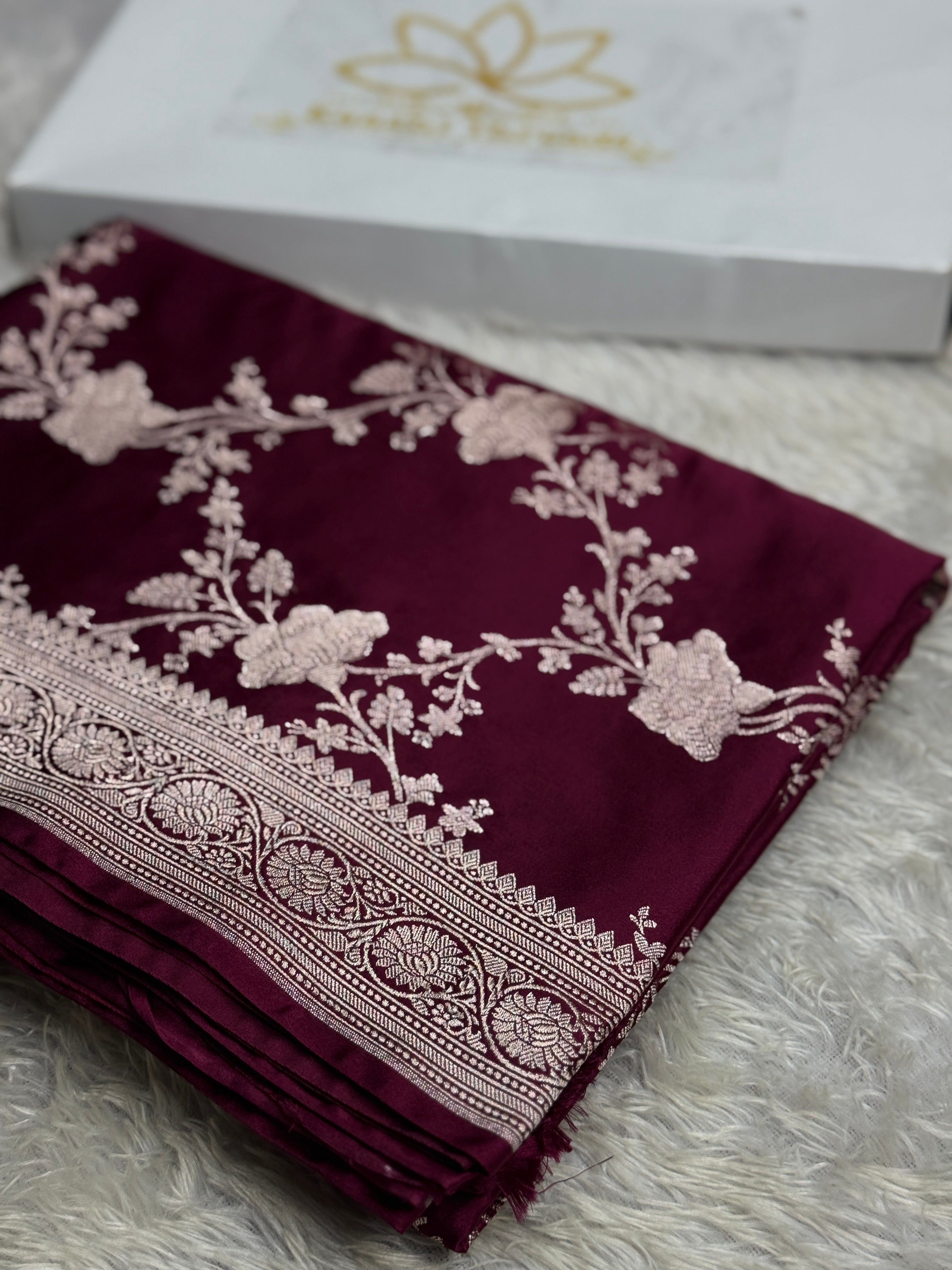 Wine Banarasi Mashru Silk Saree with All-Over Jaal Weaving & Scalloped Border – MKS216