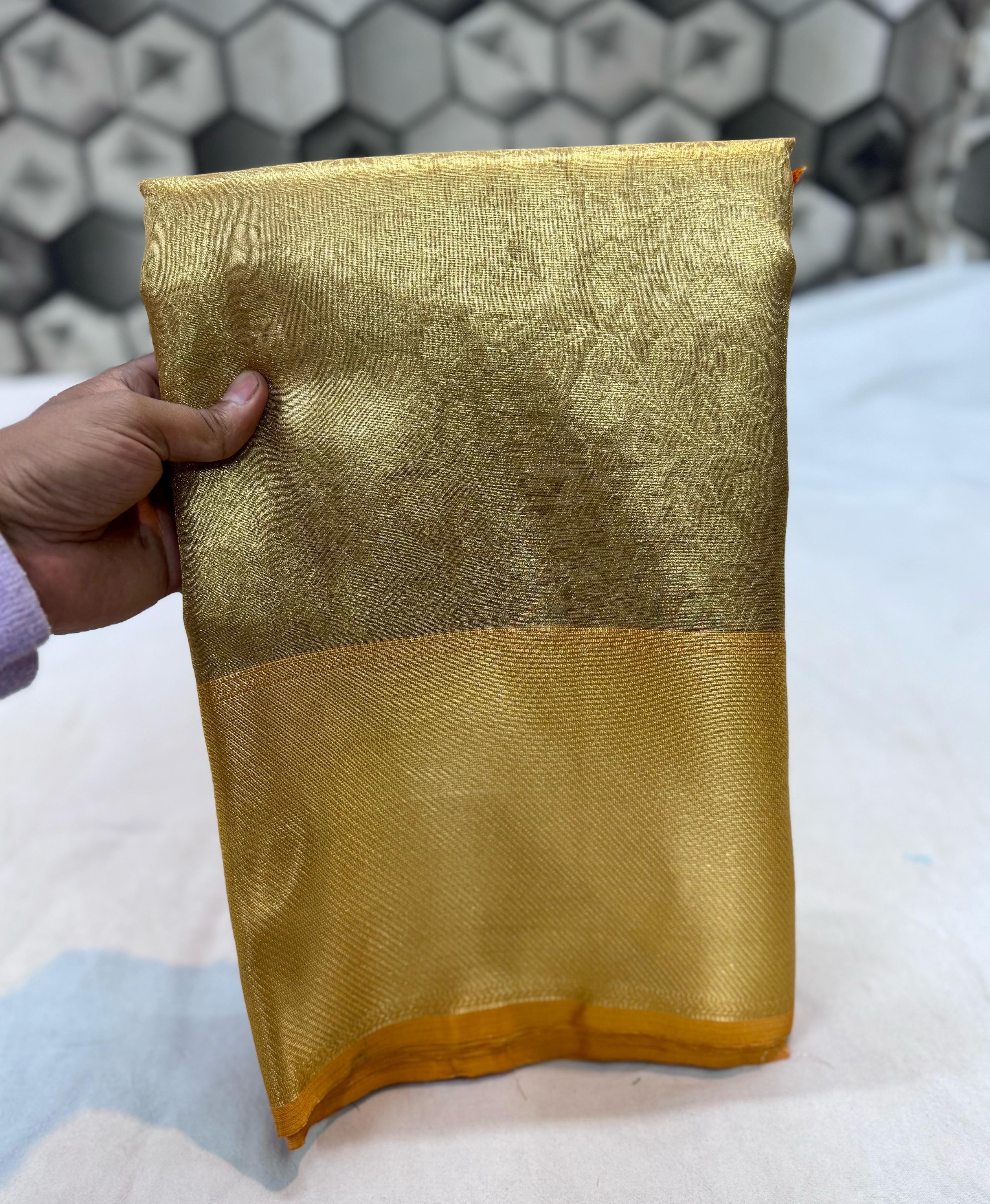 Golden Ambossed Tissue Silk Saree TS116