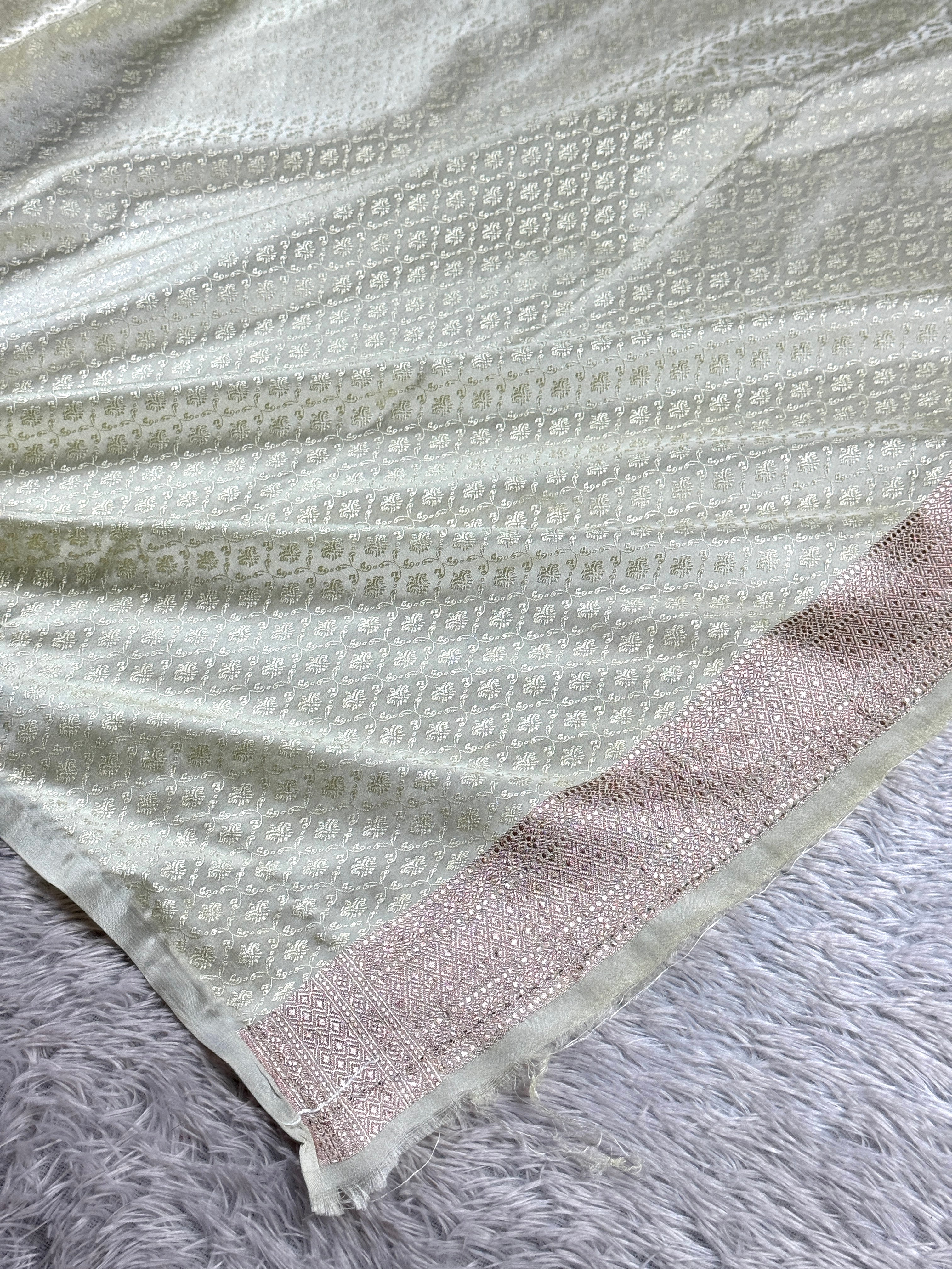 Elegant Pista Cream Mashru Kataan Saree with Meenakari Jaal Work MKS601