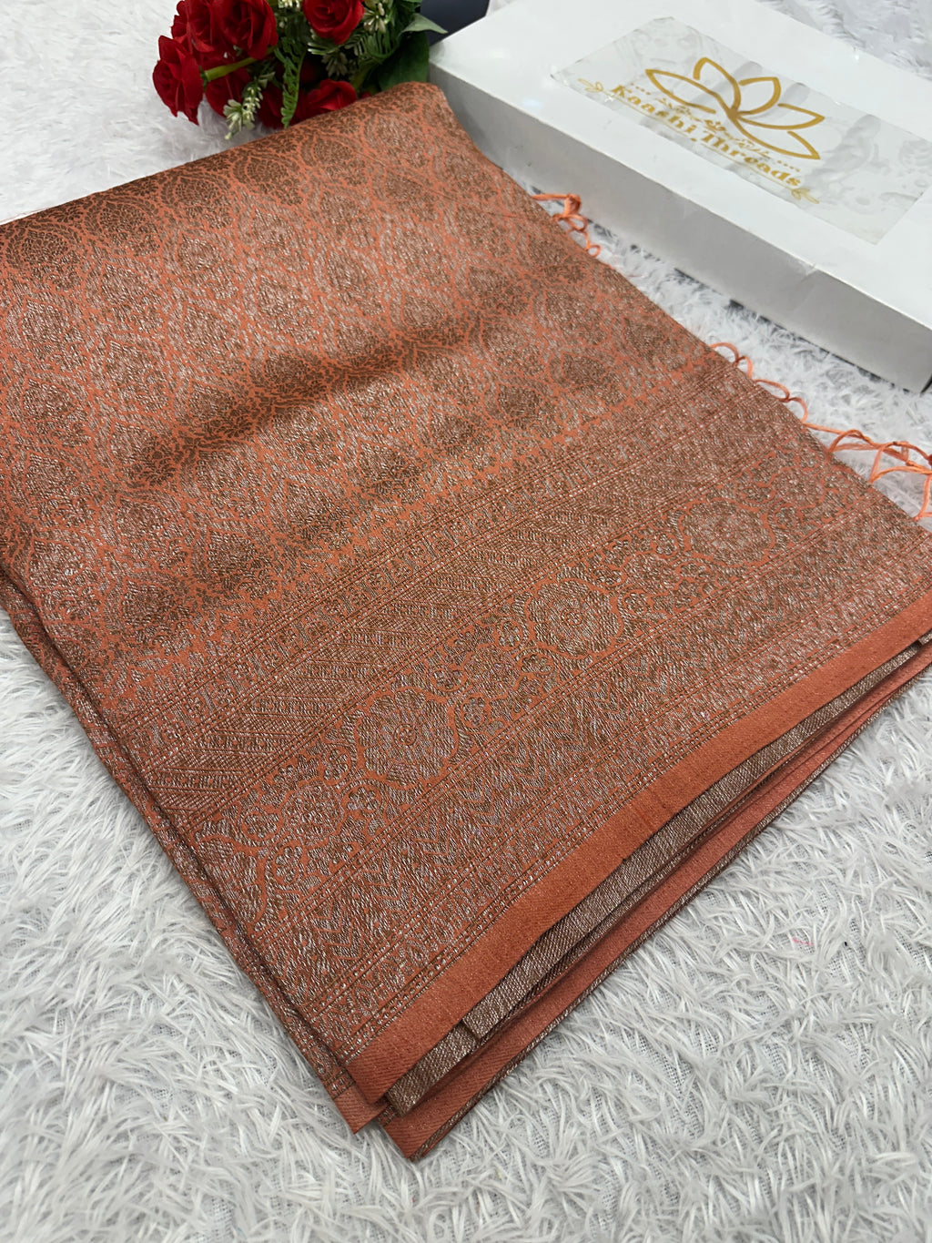 Peach Banarasi Dupion Silk Saree with Embossed Antique Zari Weaving & Rich Antique Zari Pallu | STF70