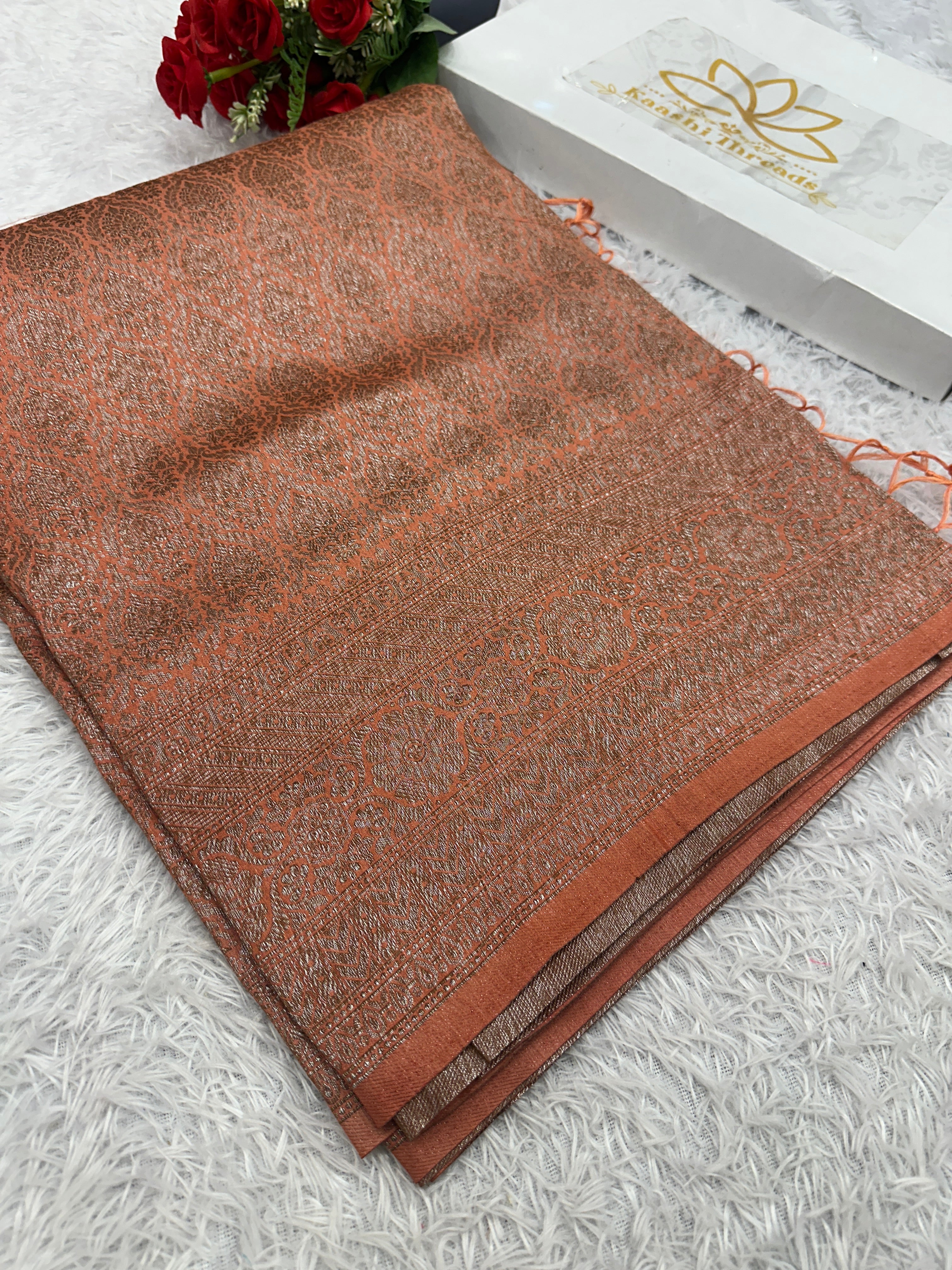 Peach Banarasi Dupion Silk Saree with Embossed Antique Zari Weaving & Rich Antique Zari Pallu | STF70