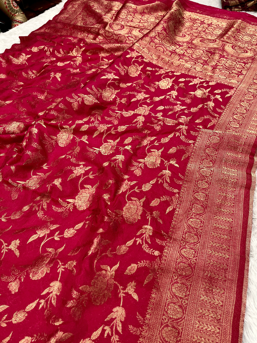 Chinon Silk Jaal Design Rani Color Saree CN03