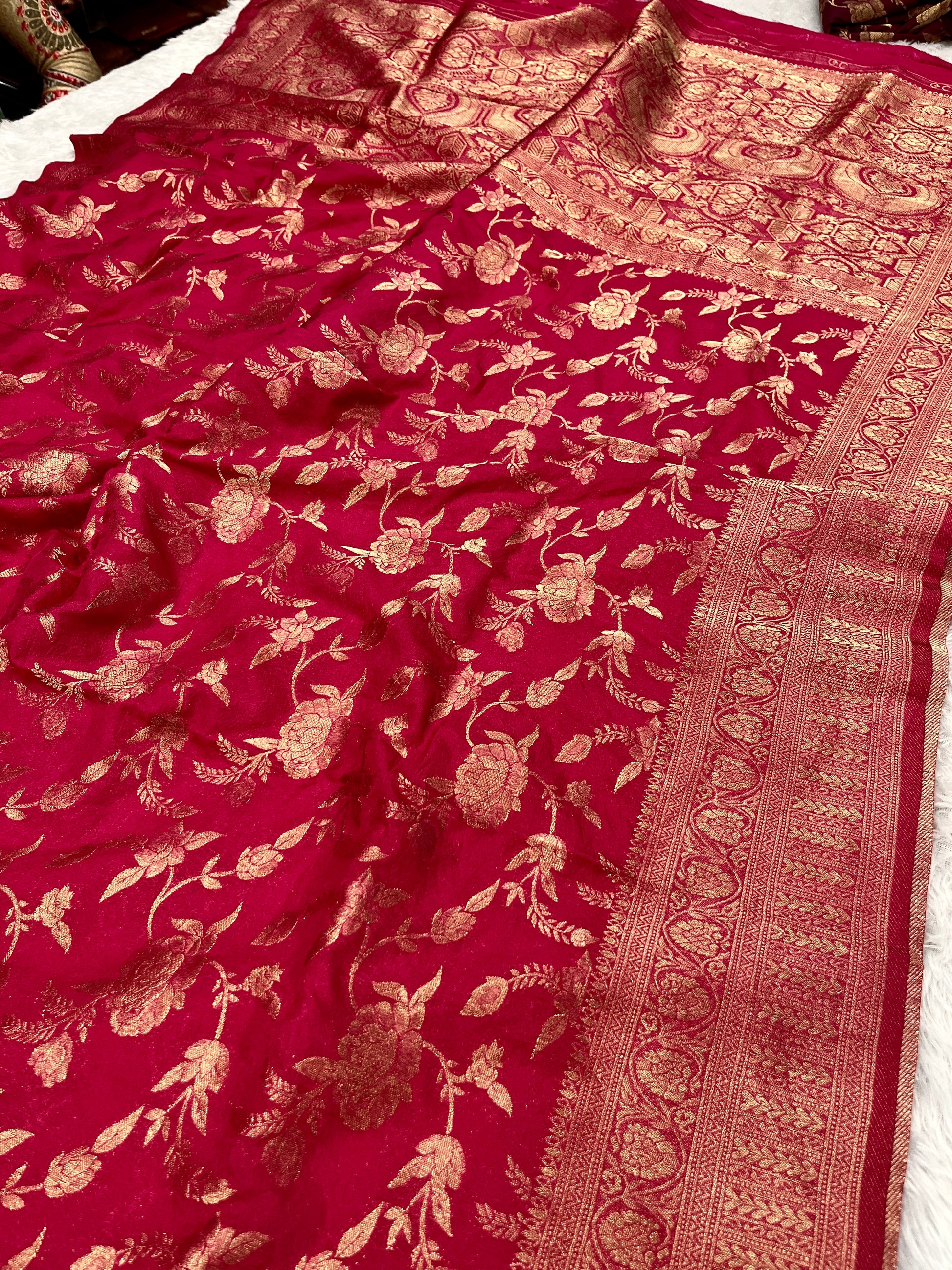 Chinon Silk Jaal Design Rani Color Saree CN03