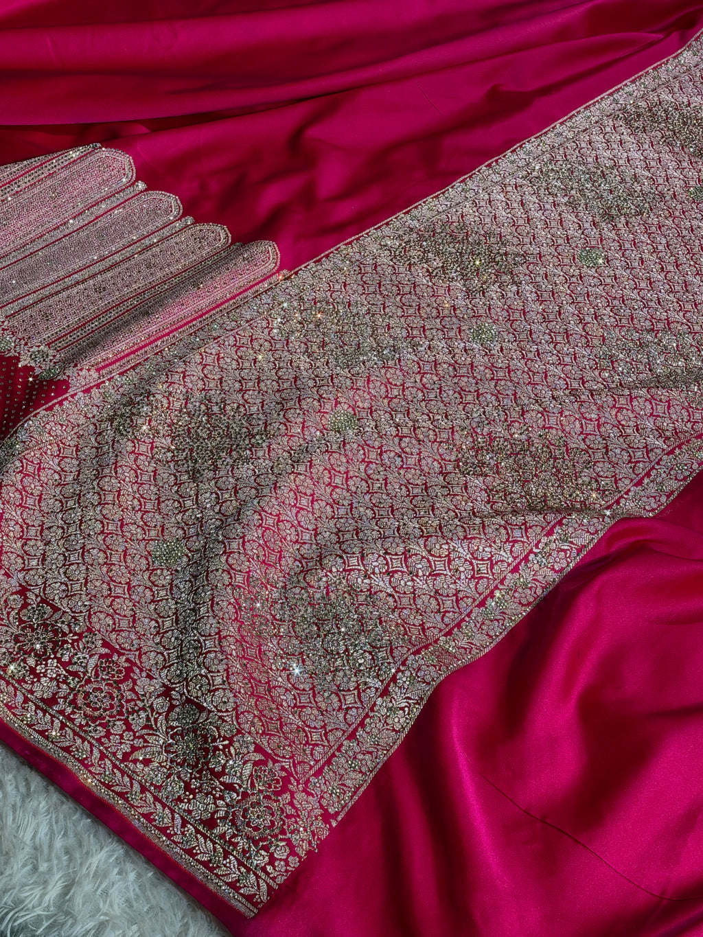 Rani Pink Dual Shade Mashru Kataan Silk Saree with All-Over Siroski Stone Work | Woven Pallu & Blouse | MKS840