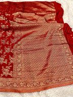 Chinon Silk Flower Design Red  Color Saree CN04