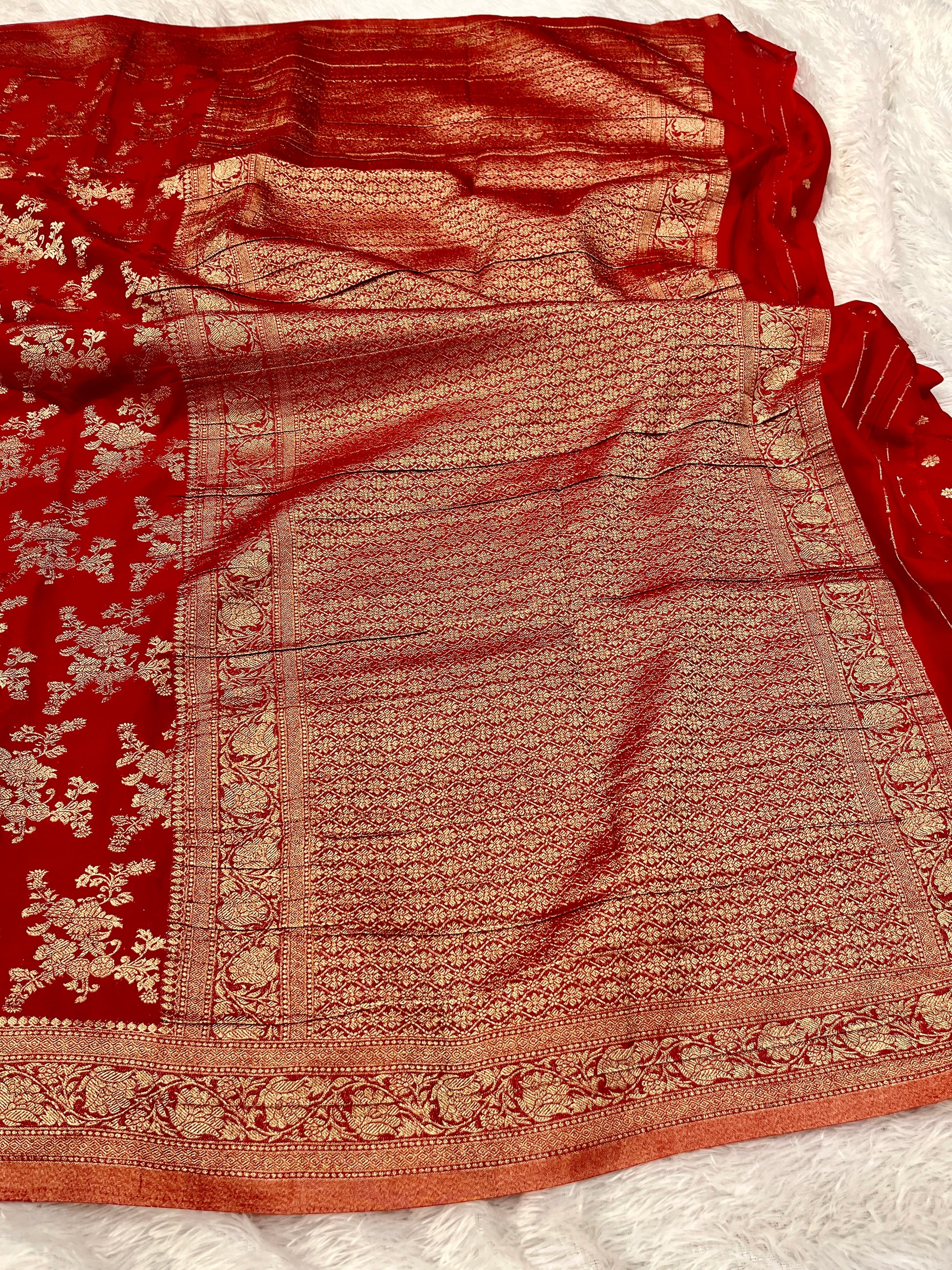 Chinon Silk Flower Design Red  Color Saree CN04