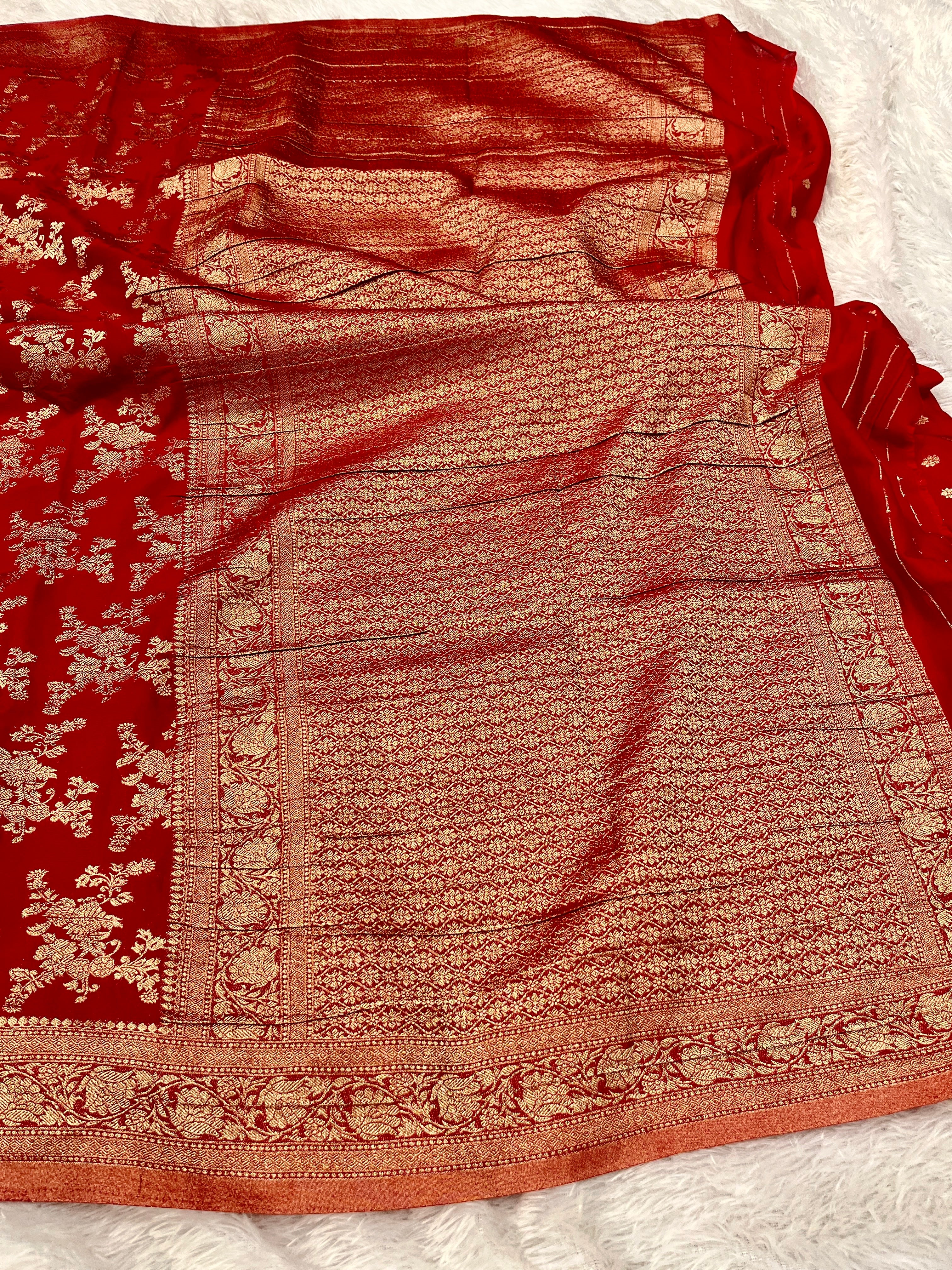 Chinon Silk Flower Design Red  Color Saree CN04