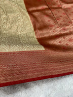 Cream & Red Banarasi Dupion Silk Saree with Embossed Antique Zari Weaving & Rich Antique Zari Pallu | STF68