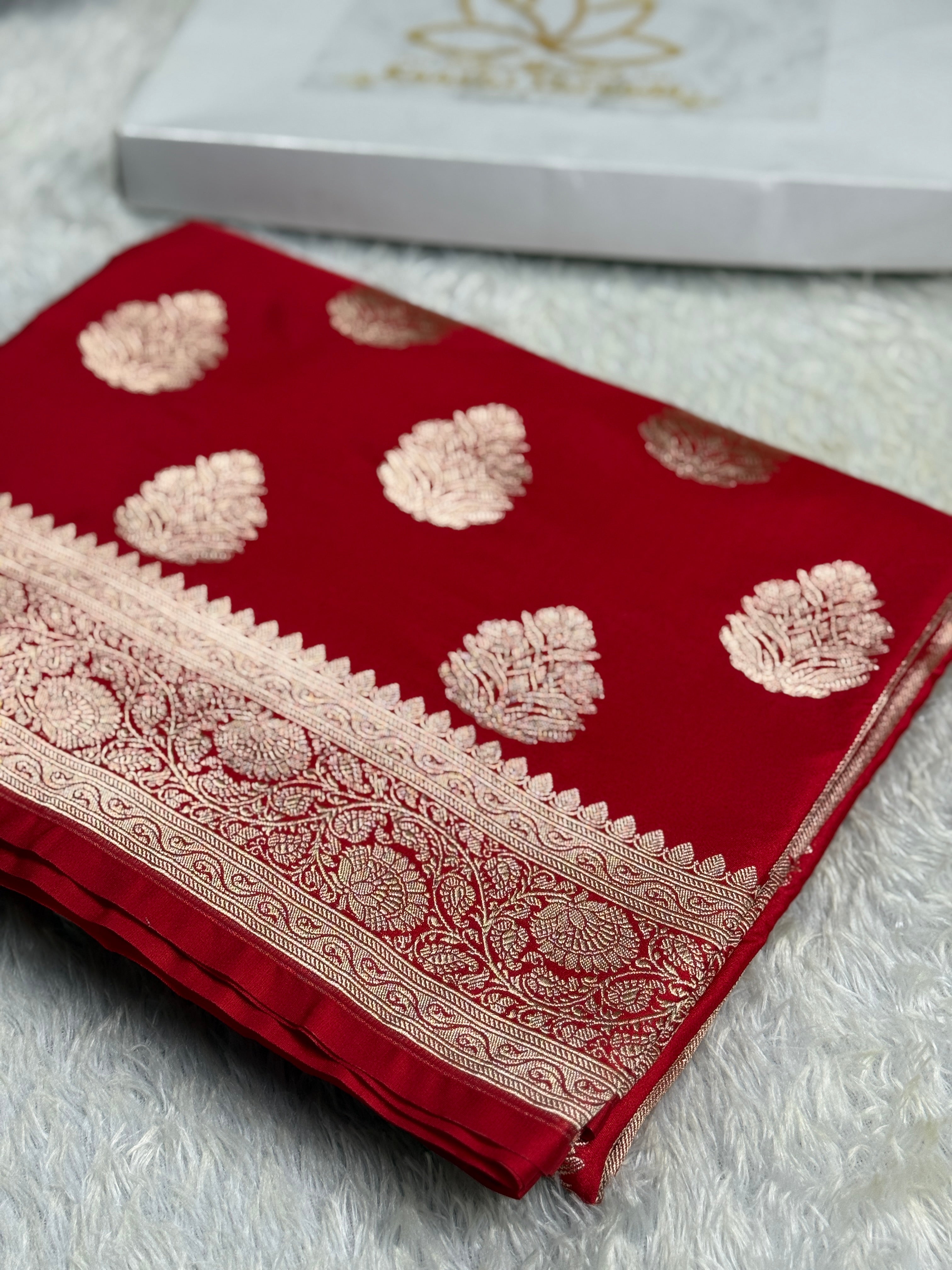 Classic Red Banarasi Mashru Silk Saree with Traditional Zari Buta – MKS402