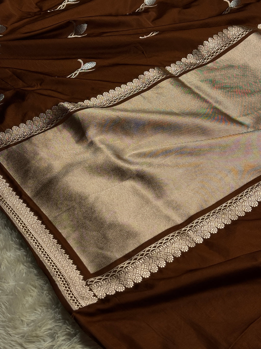 Elegant Coffee Banarasi Mashru Silk Saree with Meena Silver Zari Woven Pattern MKS221