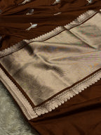 Elegant Coffee Banarasi Mashru Silk Saree with Meena Silver Zari Woven Pattern MKS221