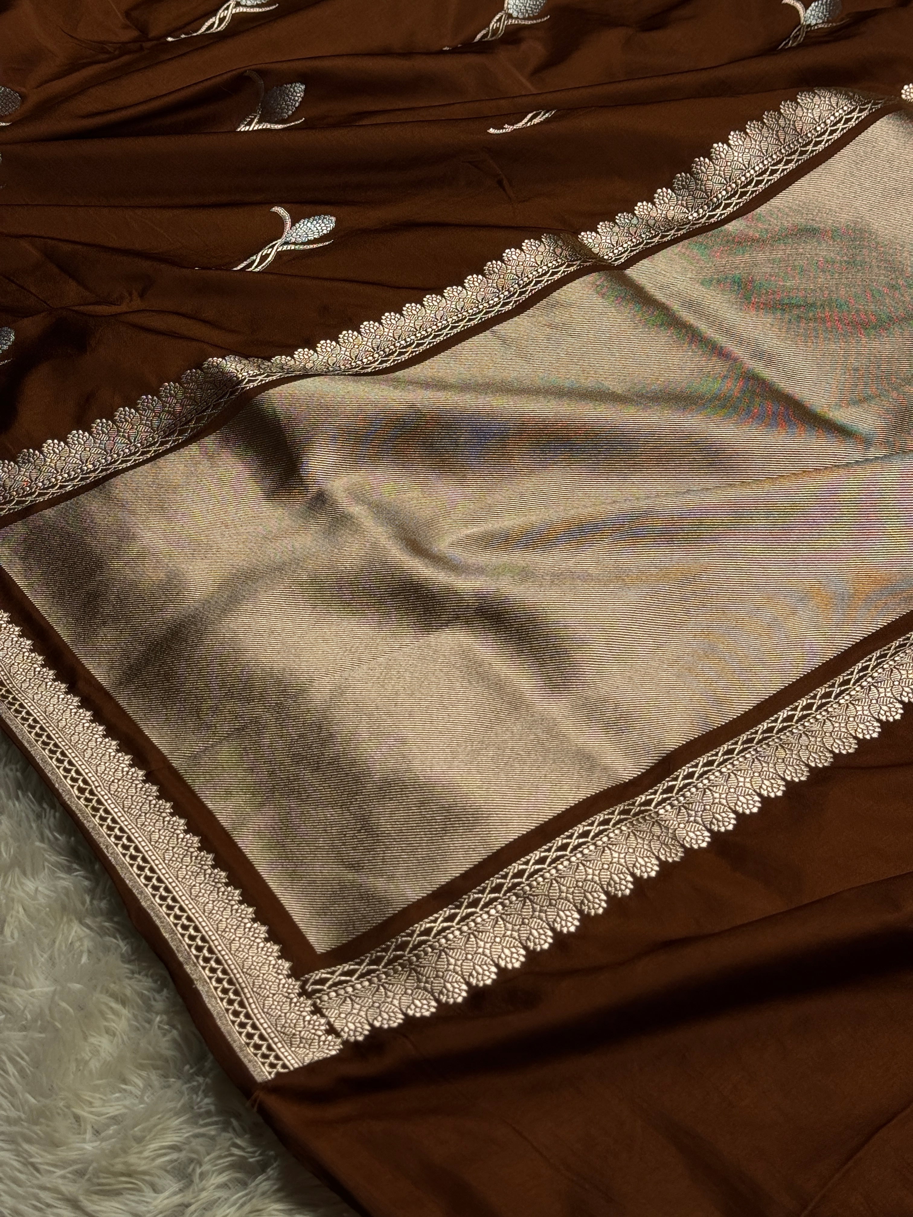 Elegant Coffee Banarasi Mashru Silk Saree with Meena Silver Zari Woven Pattern MKS221