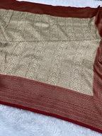 Cream & Red Banarasi Dupion Silk Saree with Embossed Antique Zari Weaving & Rich Antique Zari Pallu | STF68