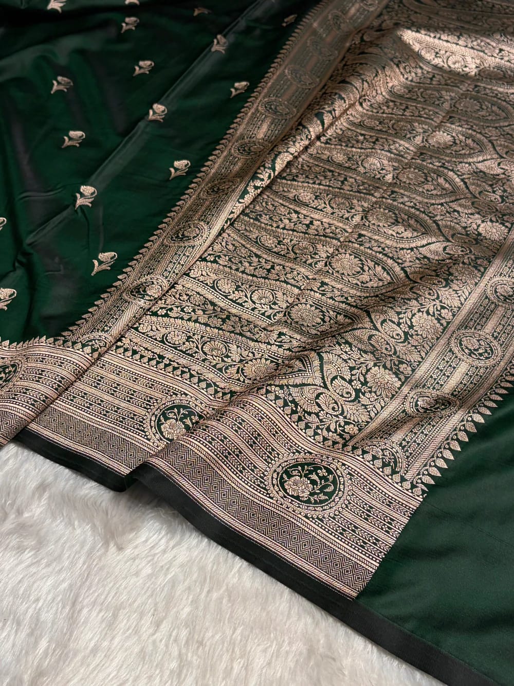 MKS305 Banarasi Mashru Silk Saree with Buta Pattern – Black, Red, Green, Yellow & Orange