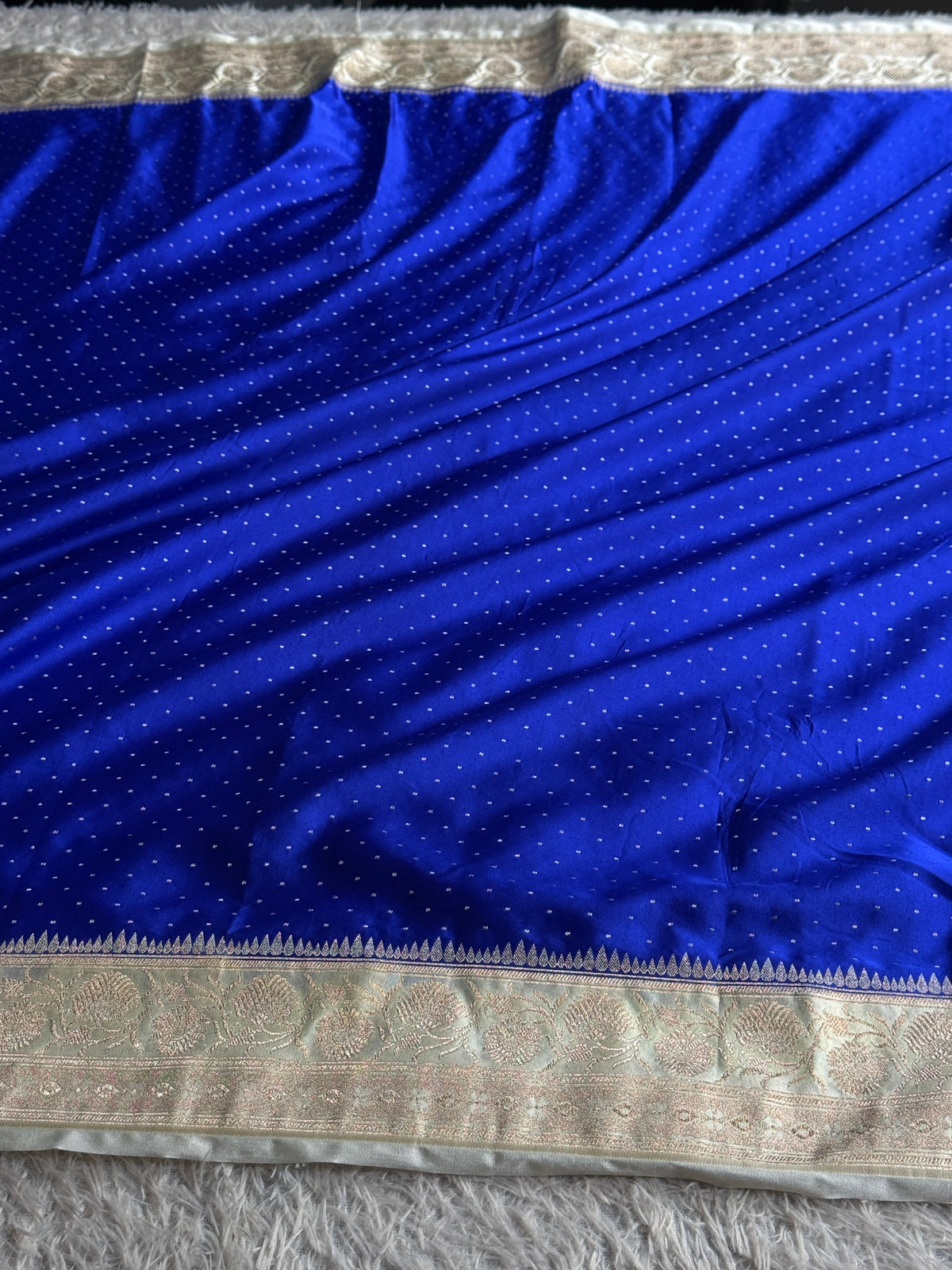 Royal Blue & Beige Mashru Saatan Silk Saree with All-Over Chunri Buti & Rich Zari Pallu – MKS833