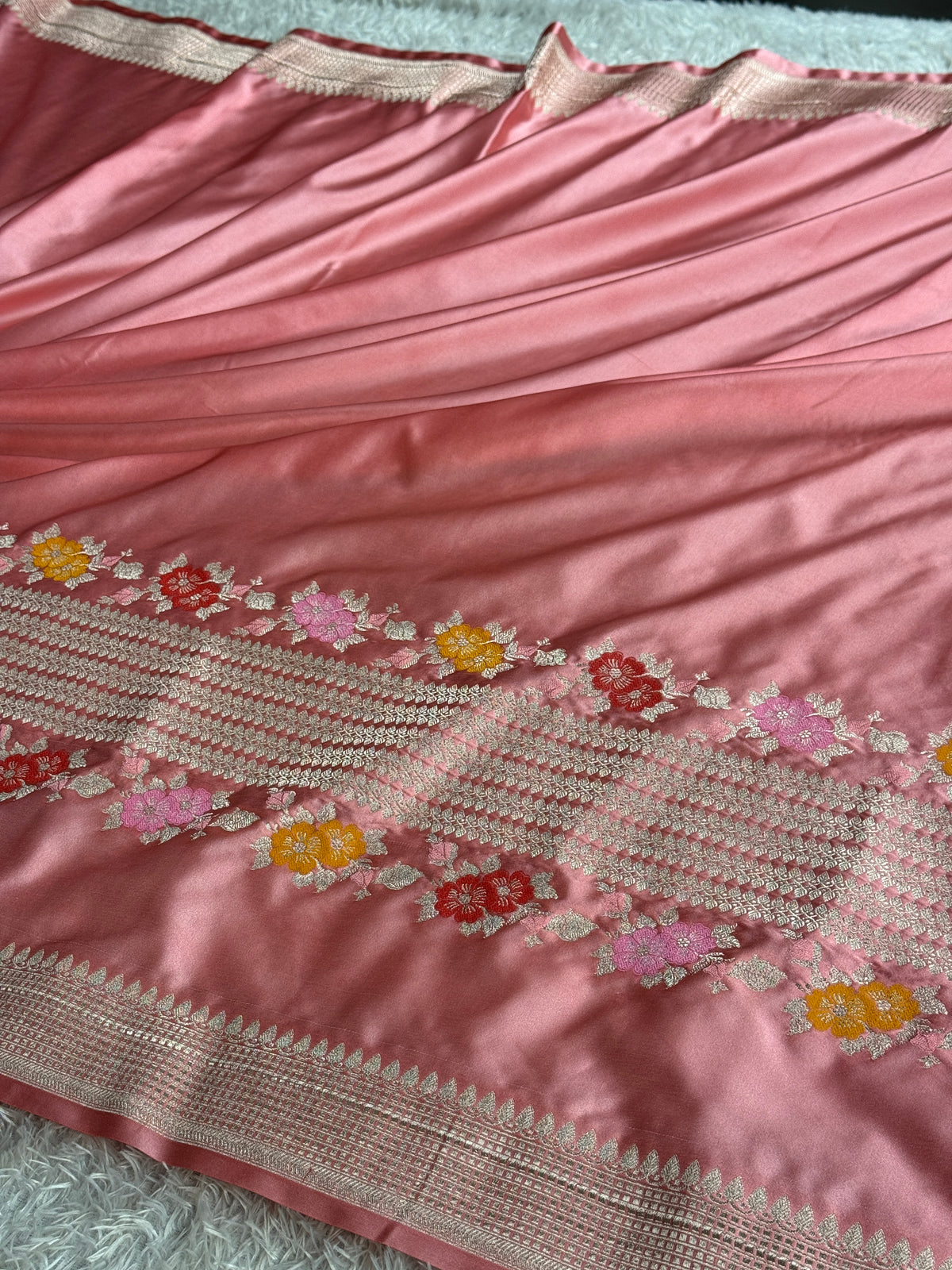 Peach Mashru Kataan Silk Saree with Ikkat Meenakari Design & Rich Zari Pallu | MKS814