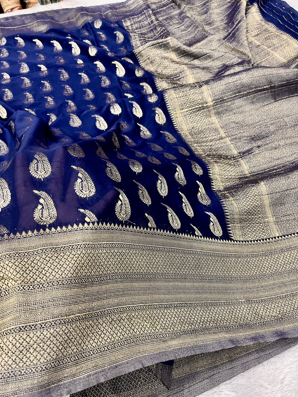 Chinon Silk Karry  Buta  Design Navy blue Saree CN07