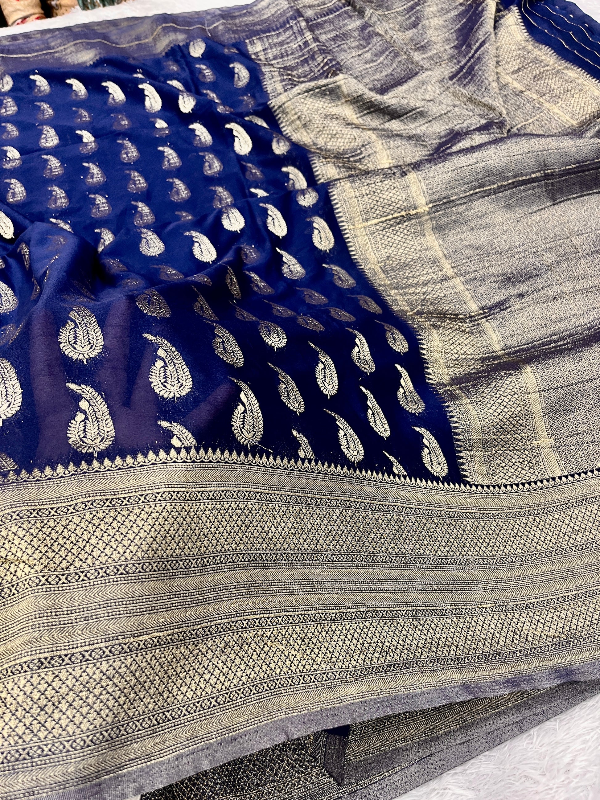 Chinon Silk Karry  Buta  Design Navy blue Saree CN07