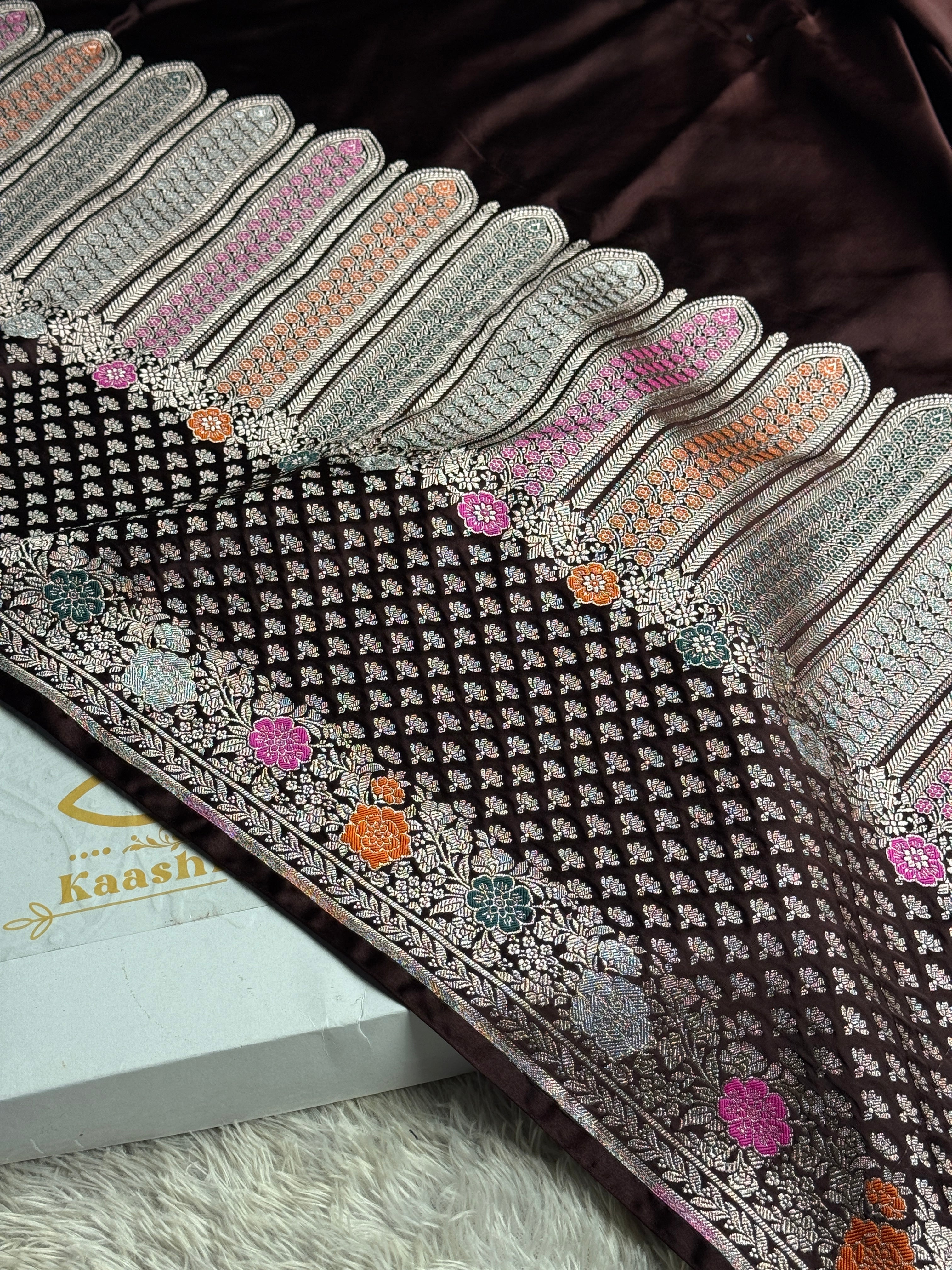 ✨ Royal Wine Meenakari Woven Banarasi Satin Mashru Silk Saree with Scalloped Border MKS212