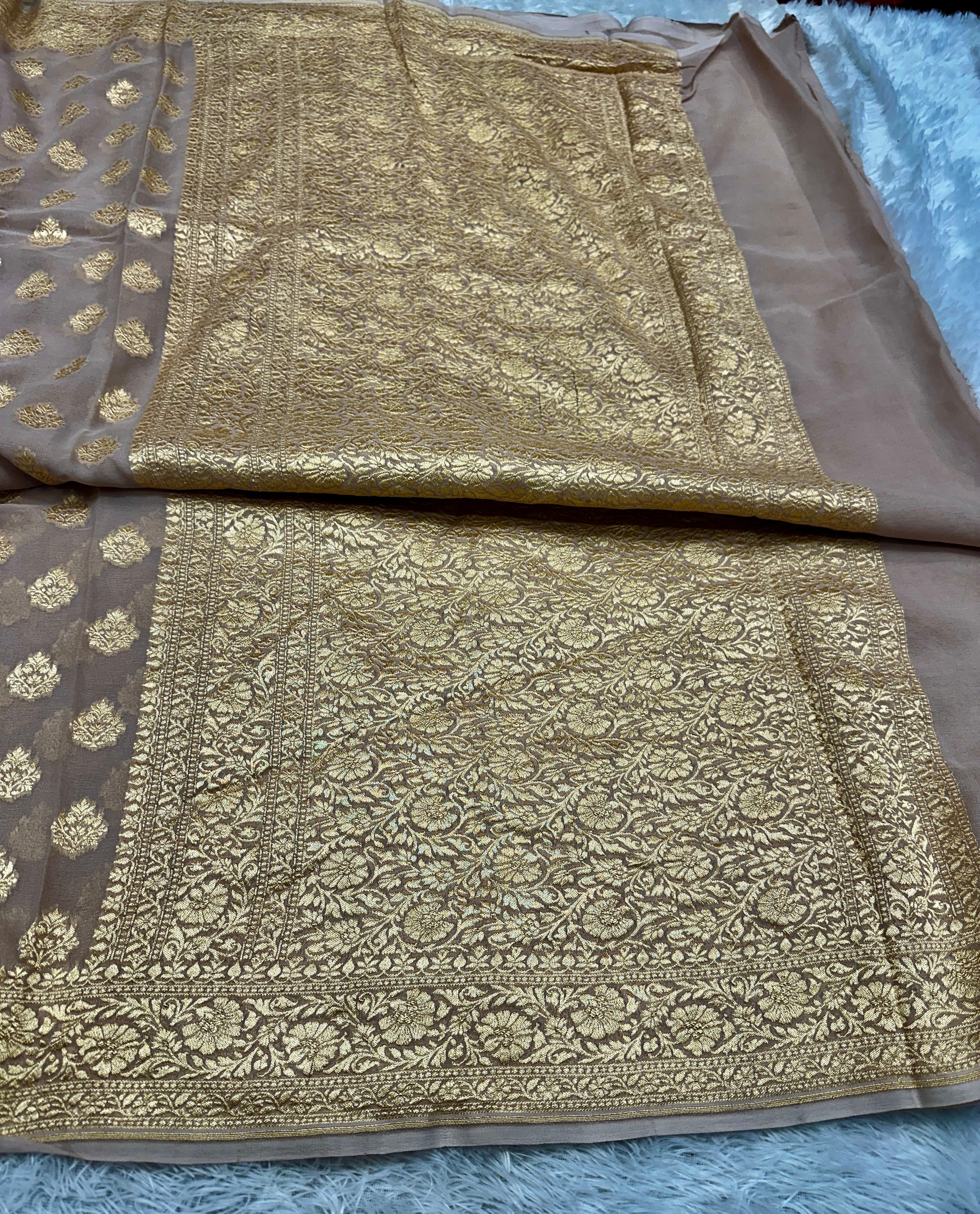Beige Pure Natural Silk Khaddi Georgette Saree with Buta Woven Design | PSG11